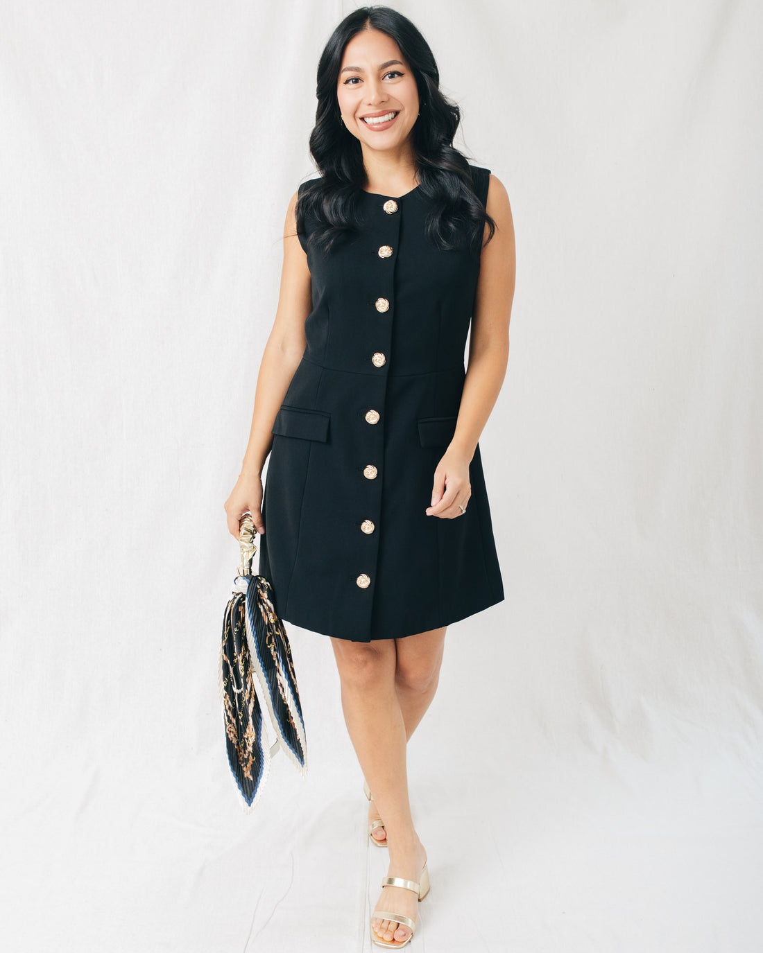 Maple Sleeveless Gold Buttoned Detail Mini Dress