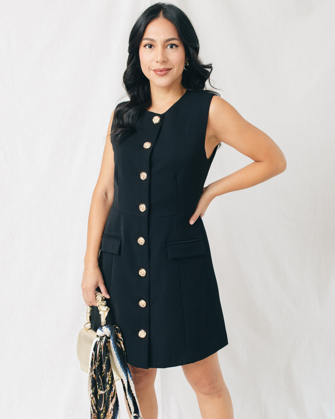 Maple Sleeveless Gold Buttoned Detail Mini Dress