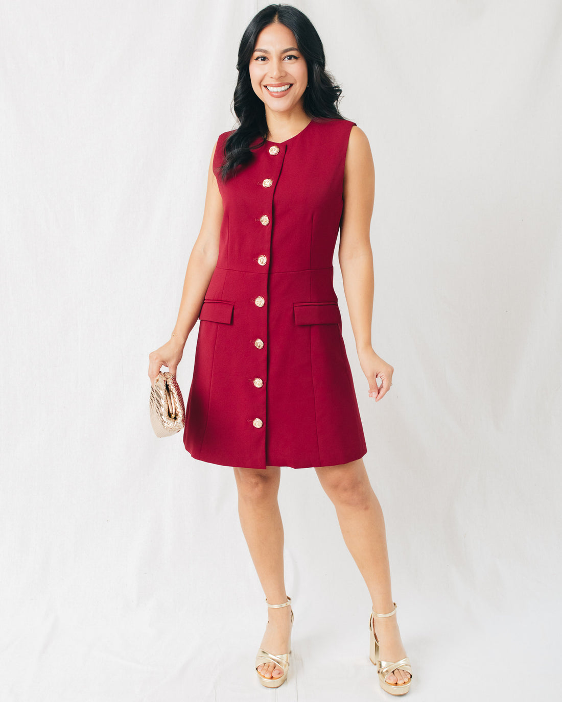 Maple Sleeveless Gold Buttoned Detail Mini Dress