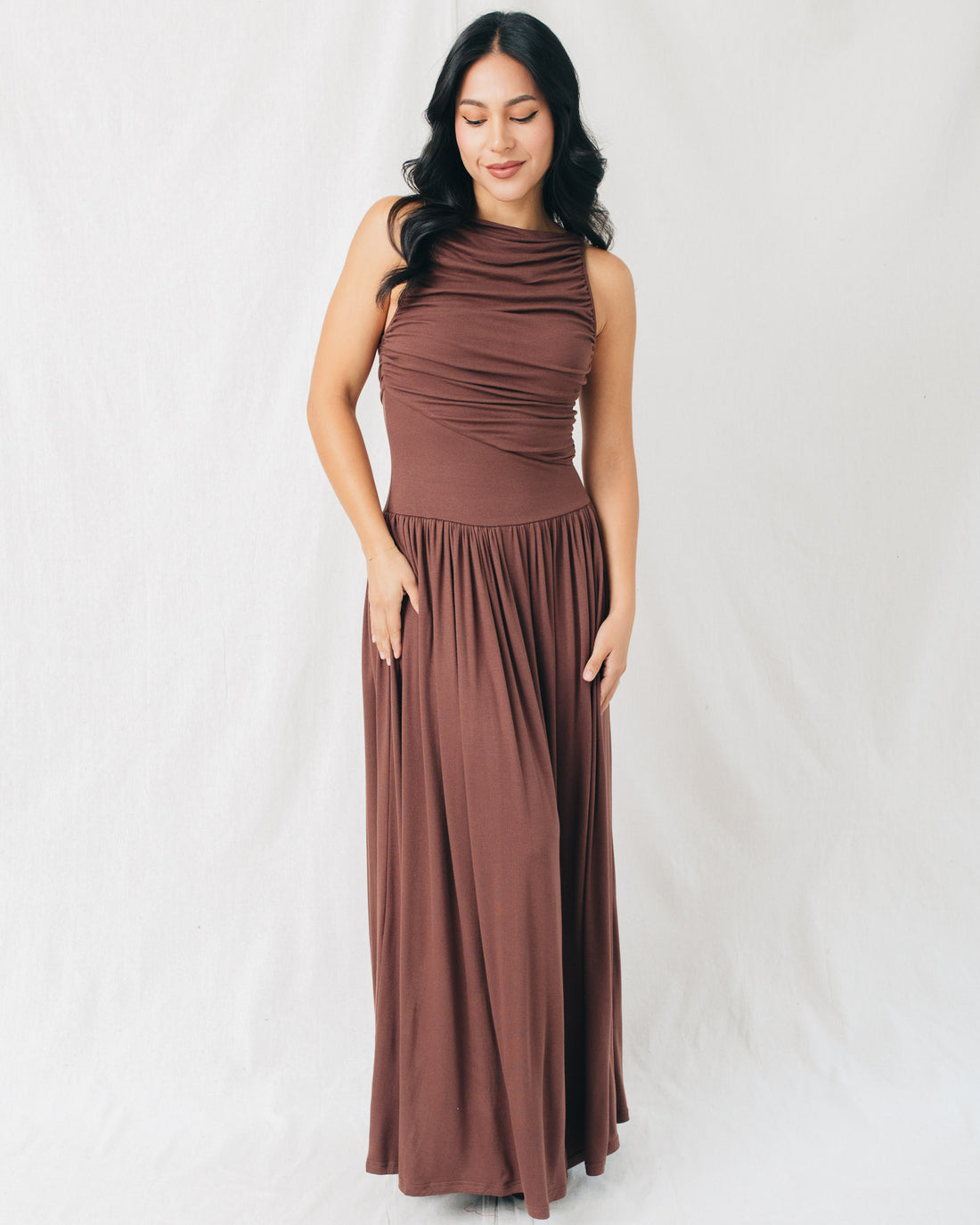 Leni Boat Neck Ruched Maxi Dress