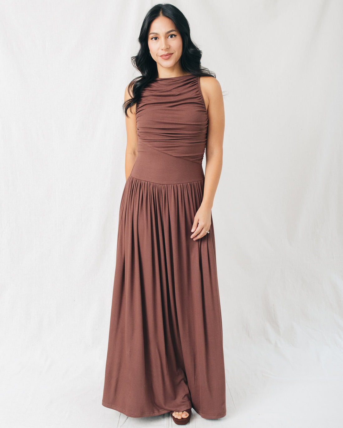 Leni Boat Neck Ruched Maxi Dress