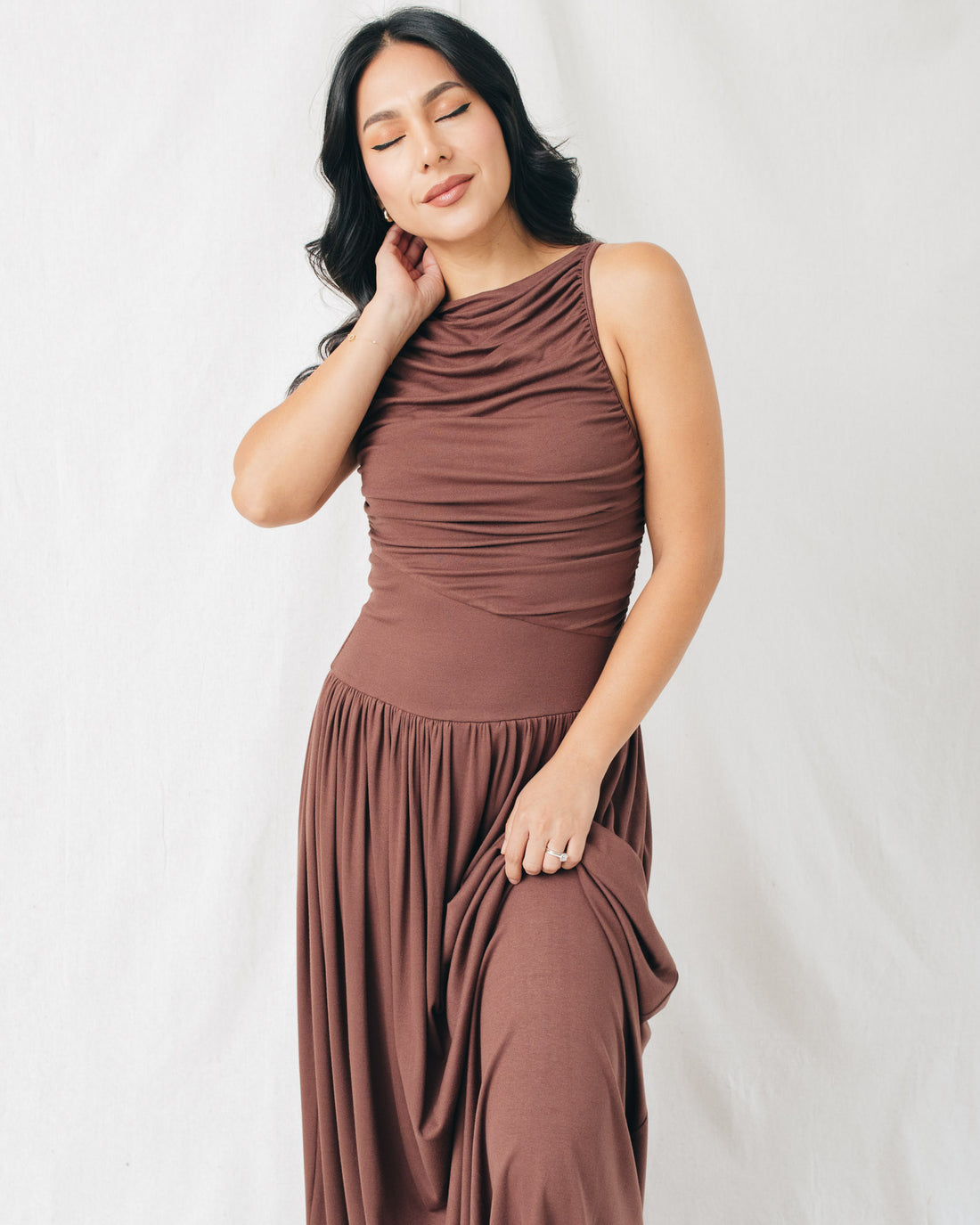 Leni Boat Neck Ruched Maxi Dress