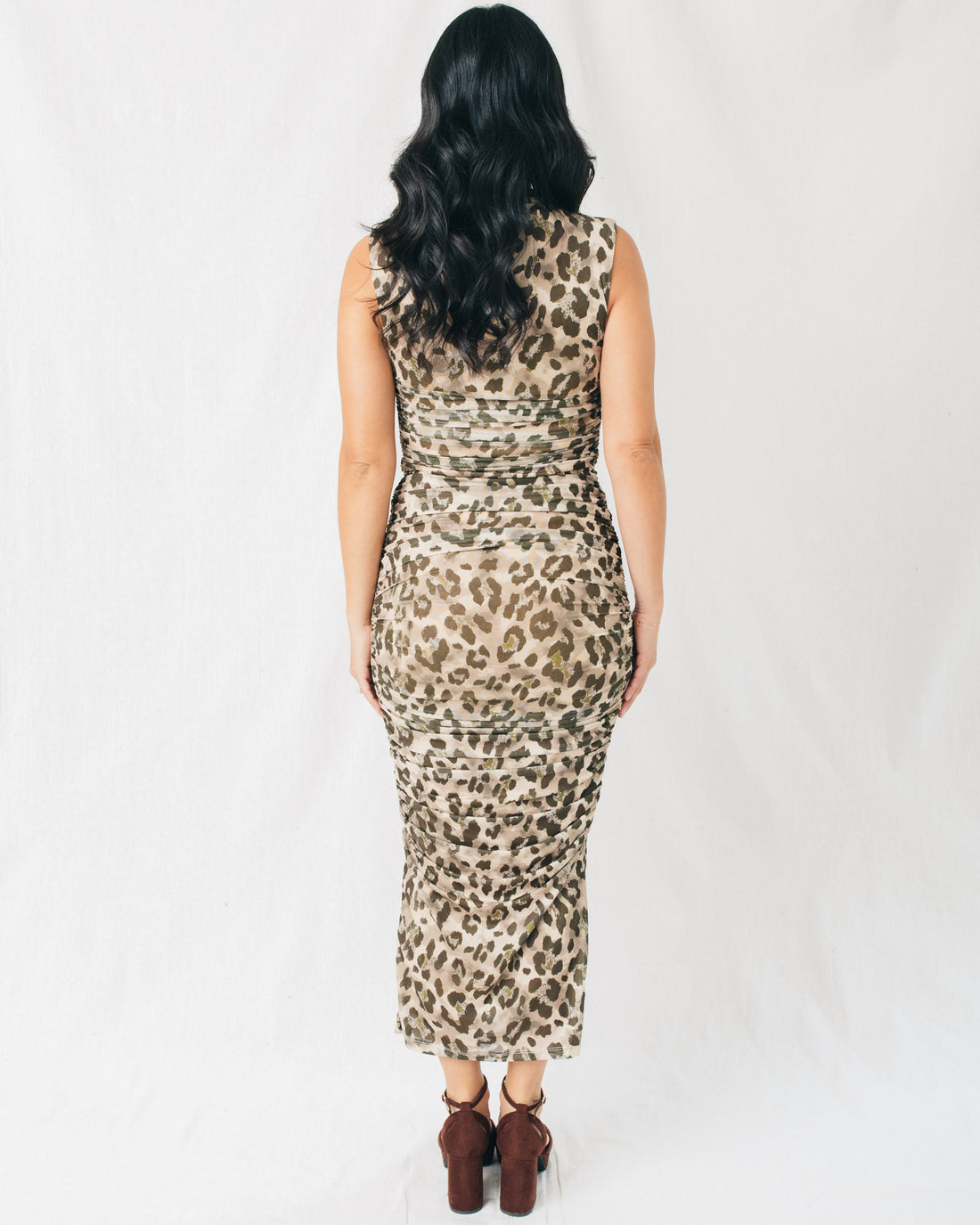 Paula Mock Neck Animal Print Ruched Midi Dress