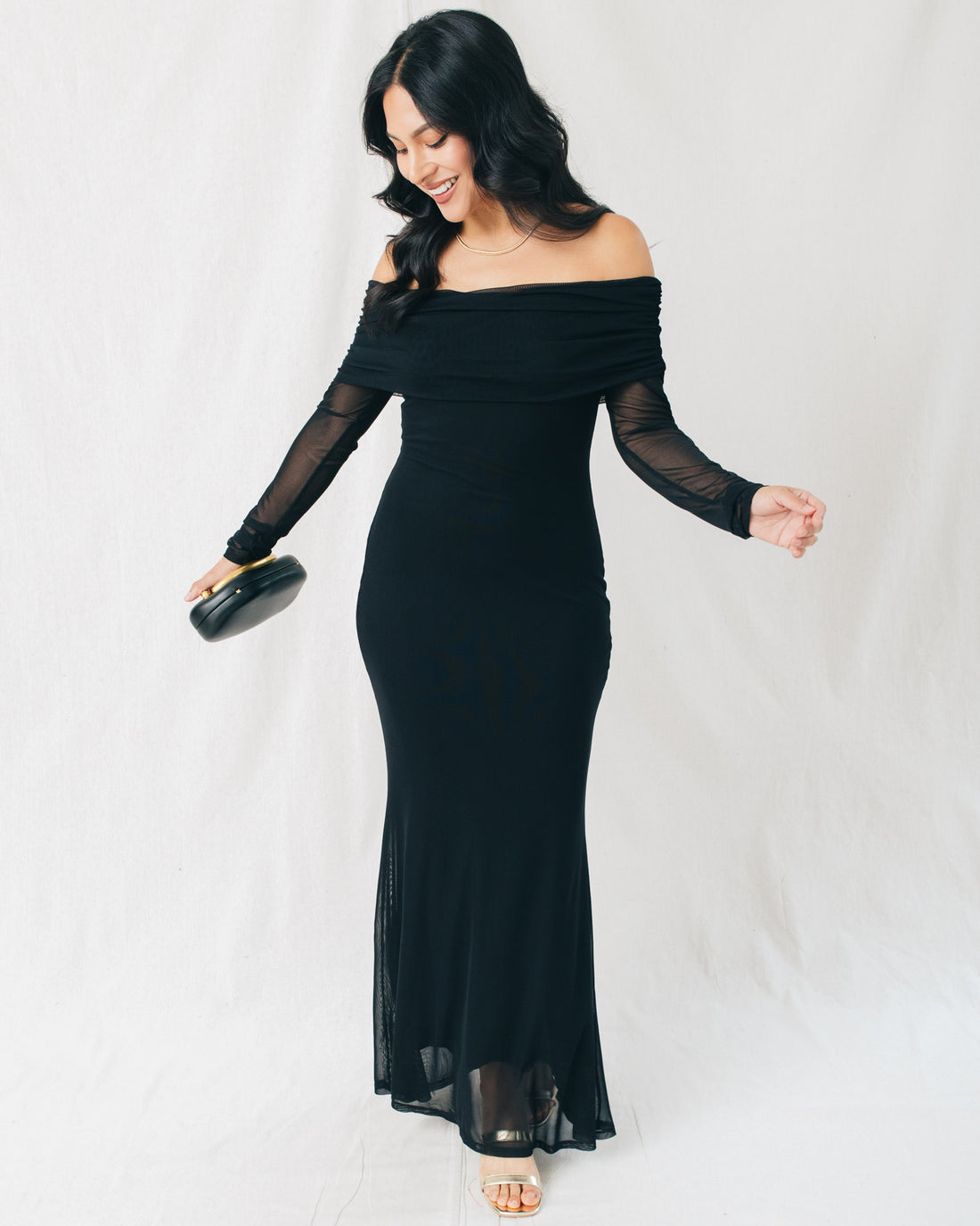Viola Ruched Off Shoulder Long Sleeve Maxi Dress