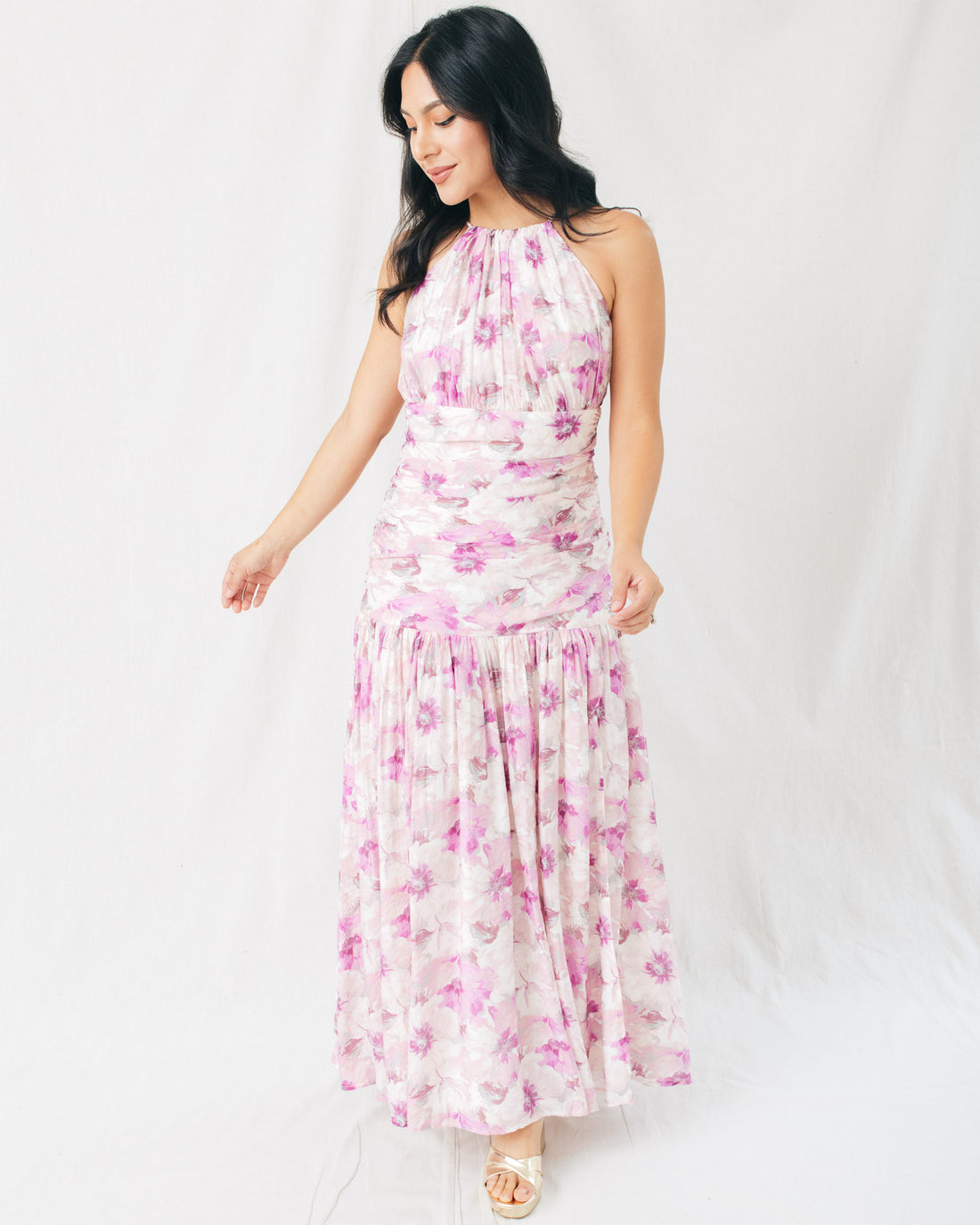 Demeter Floral Printed Ruched Bodice Halter Midi Dress