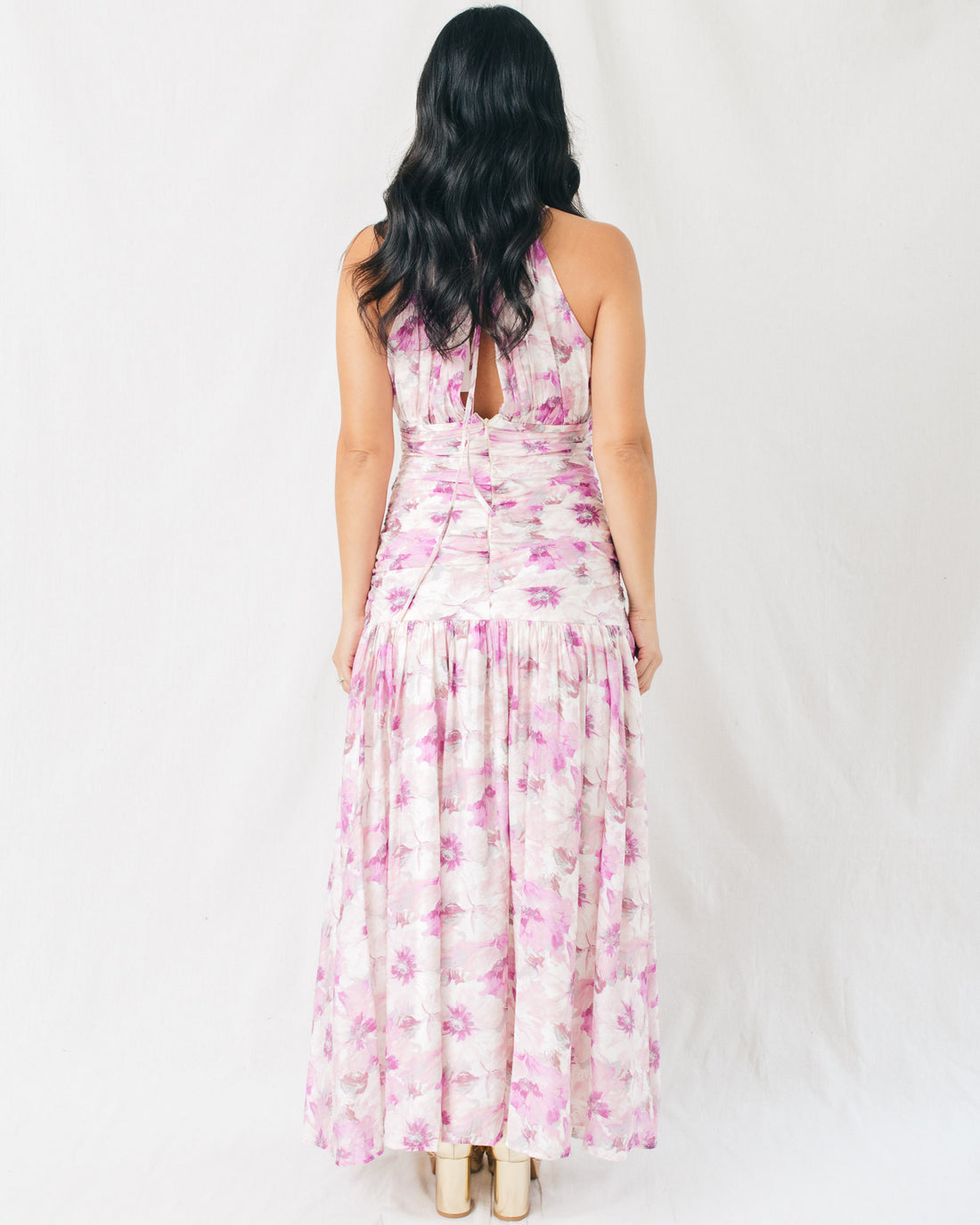 Demeter Floral Printed Ruched Bodice Halter Midi Dress