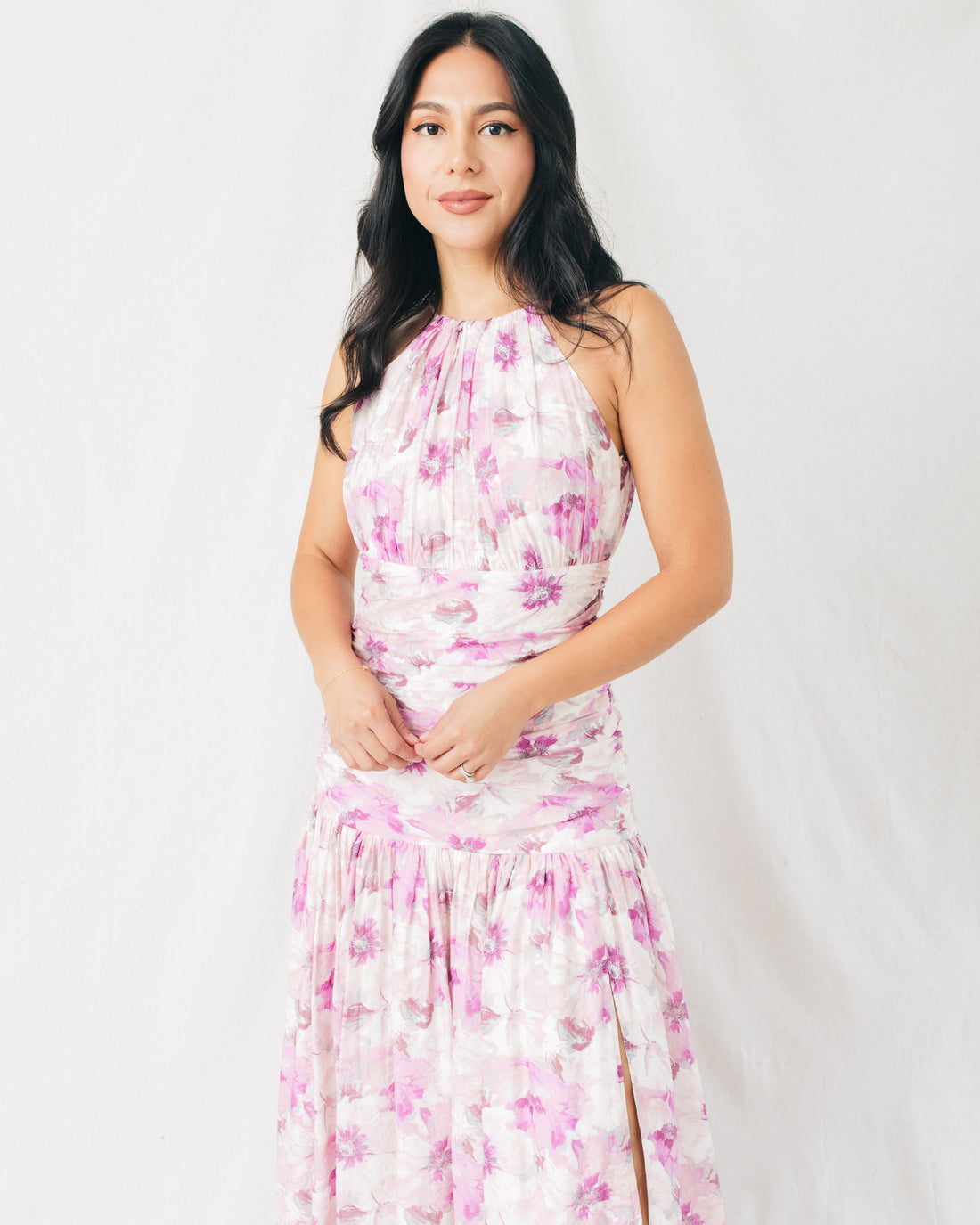 Demeter Floral Printed Ruched Bodice Halter Midi Dress