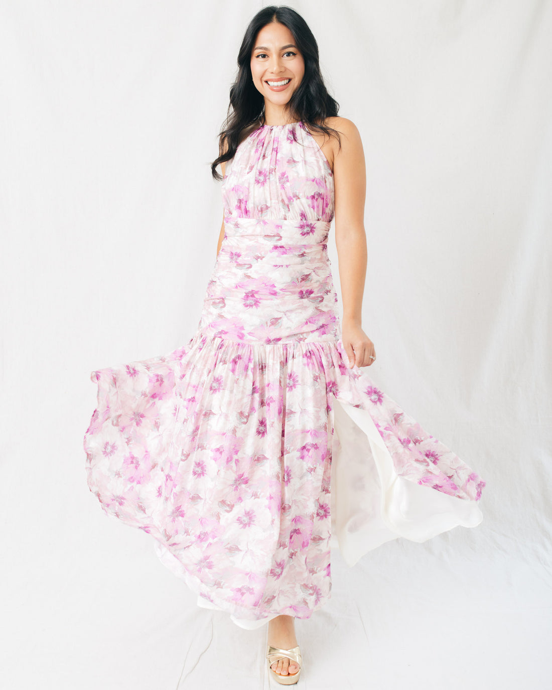 Demeter Floral Printed Ruched Bodice Halter Midi Dress