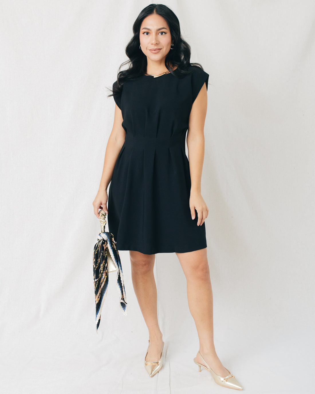 Erika Round Neck Pleated Waist Mini Dress