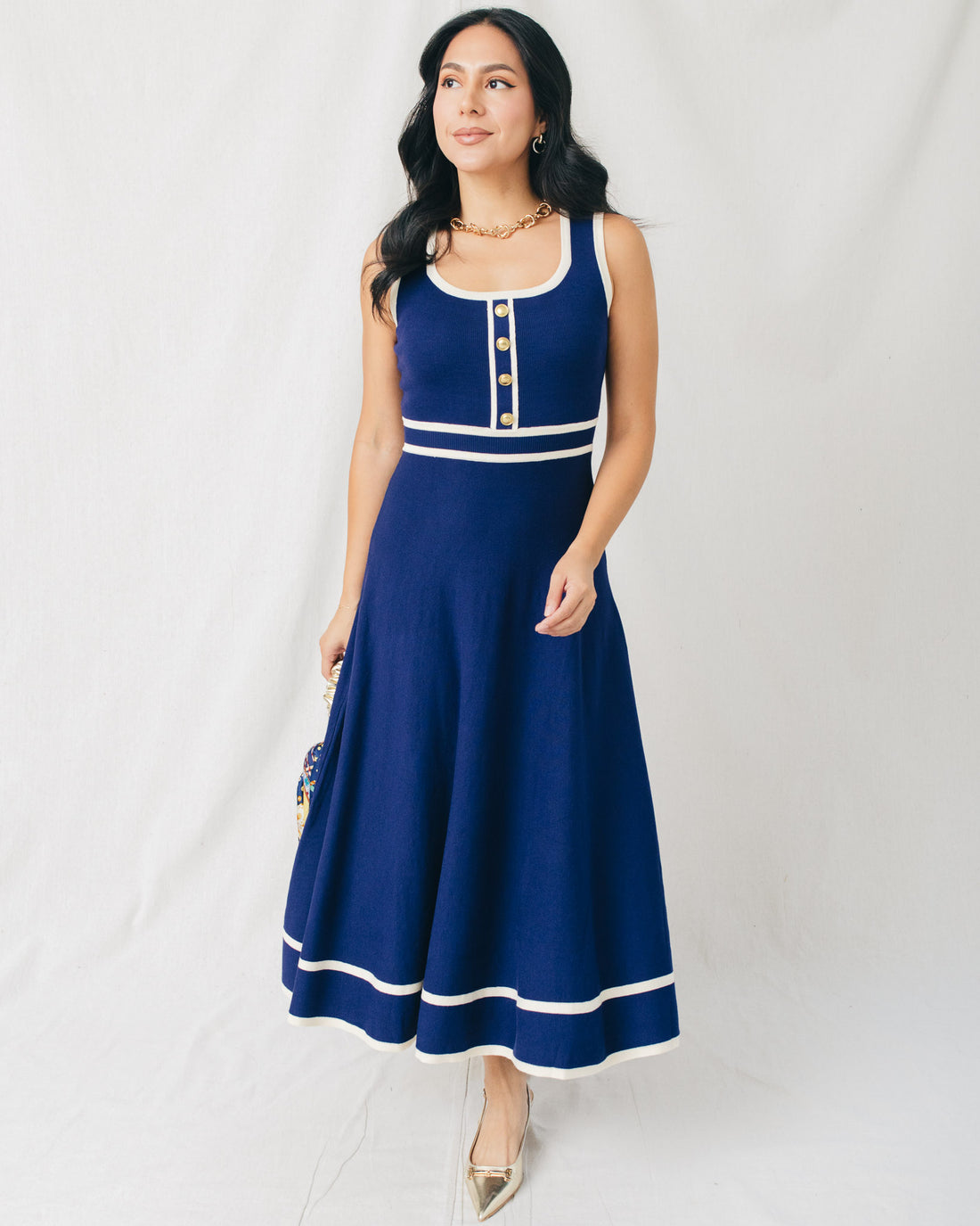 Gianna Square Neck Button Front Detail Knit Midi Dress