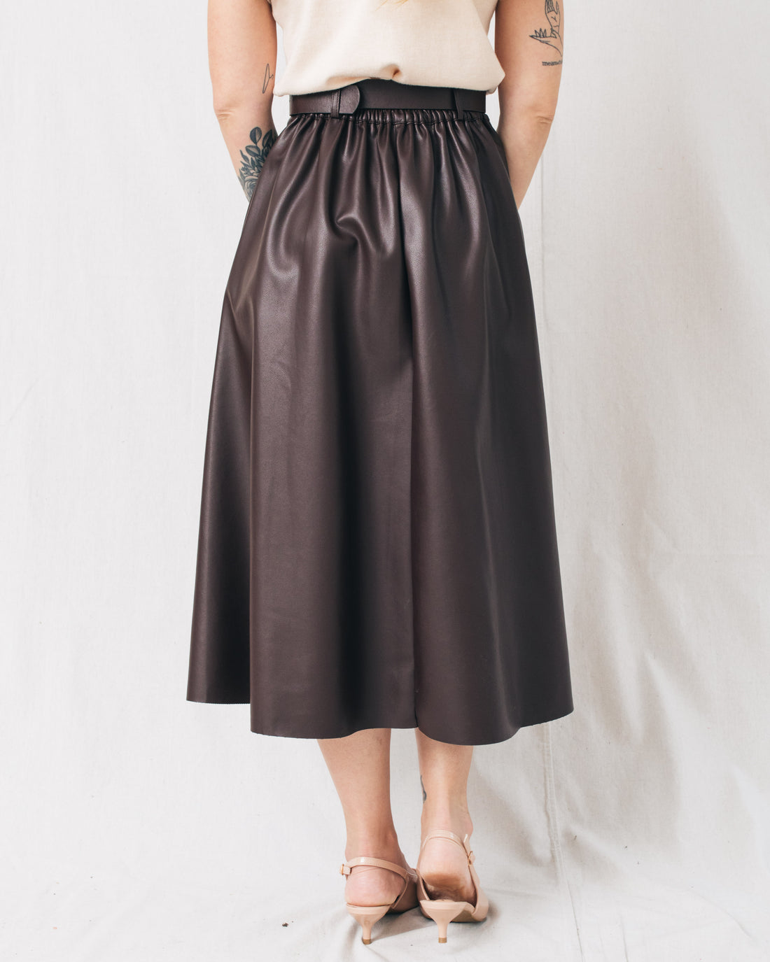 New Era A Line Belted Leather Midi Skirt