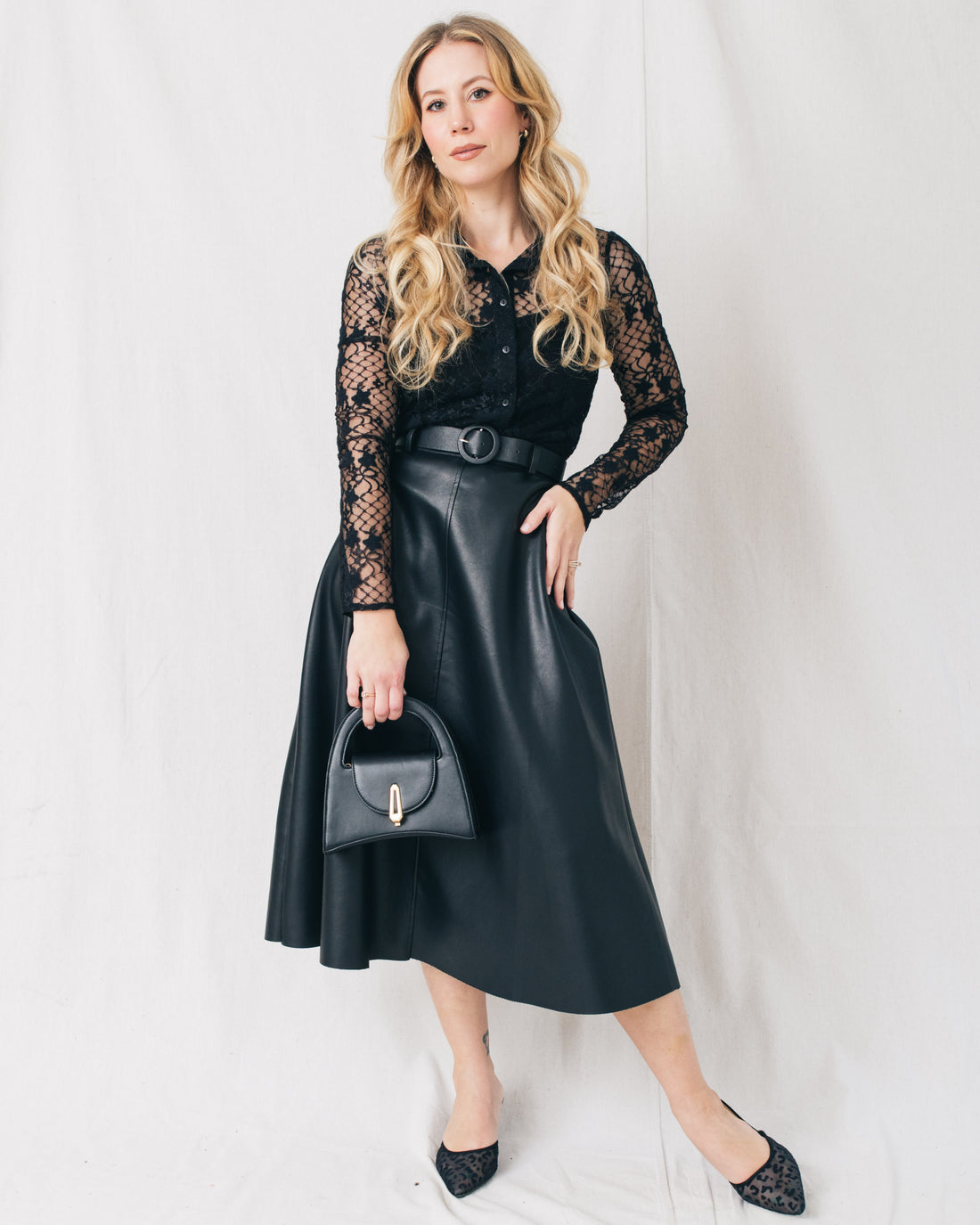 New Era A Line Belted Leather Midi Skirt