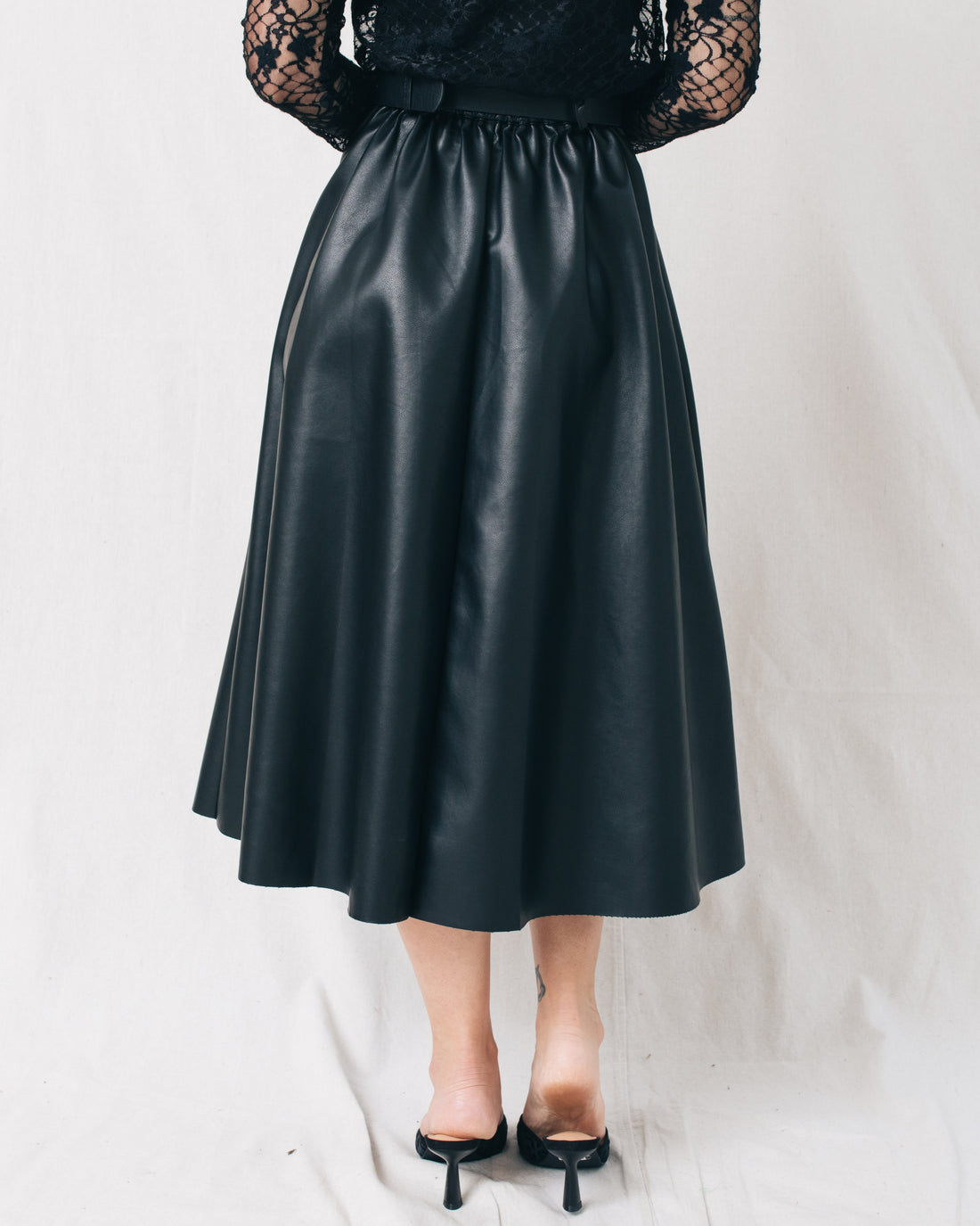 New Era A Line Belted Leather Midi Skirt