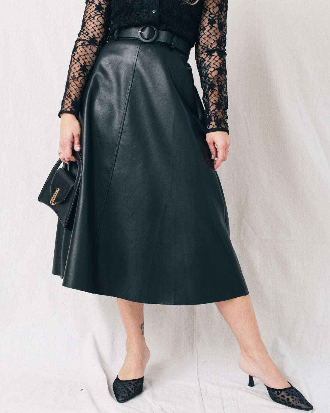 New Era A Line Belted Leather Midi Skirt