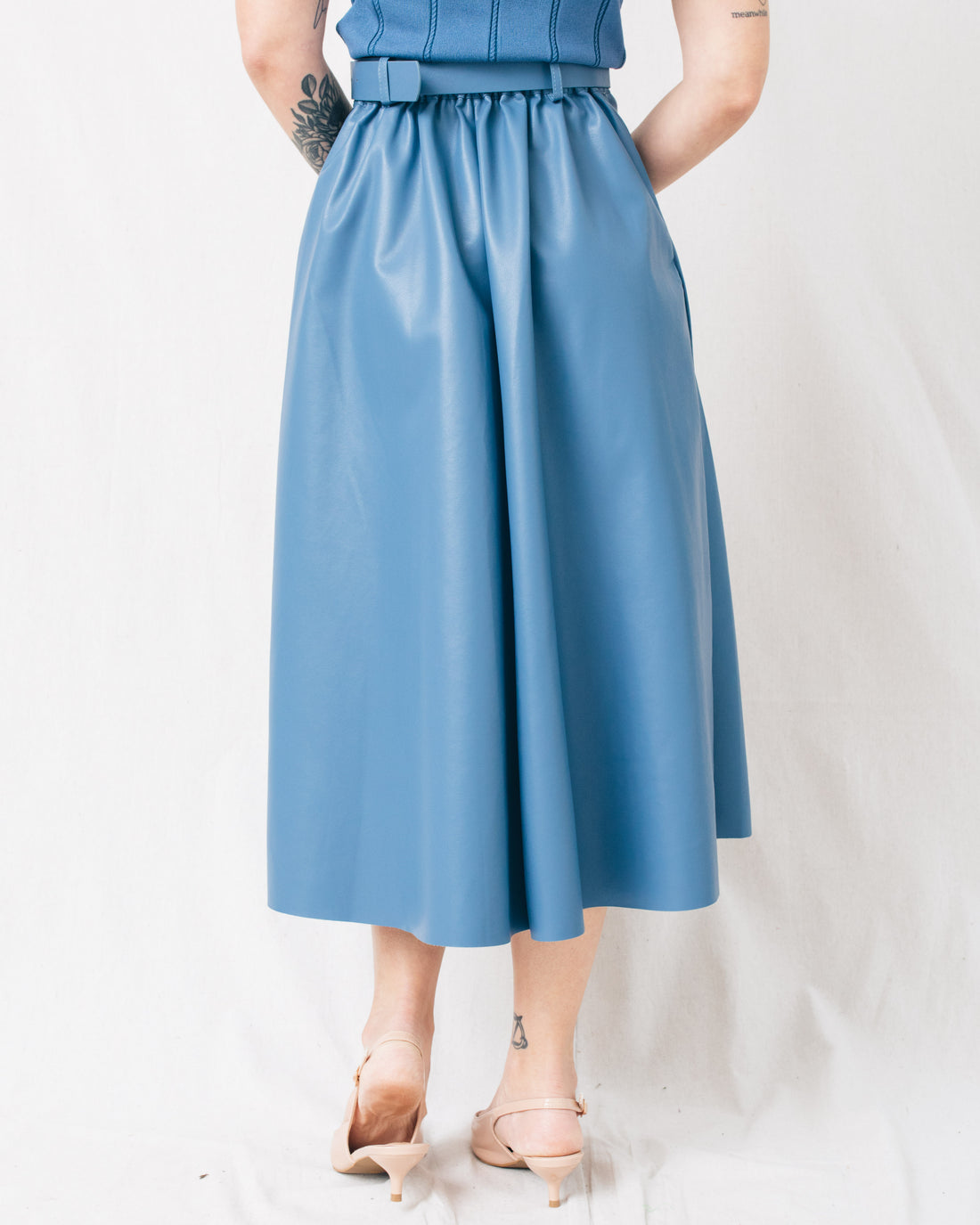 New Era A Line Belted Leather Midi Skirt