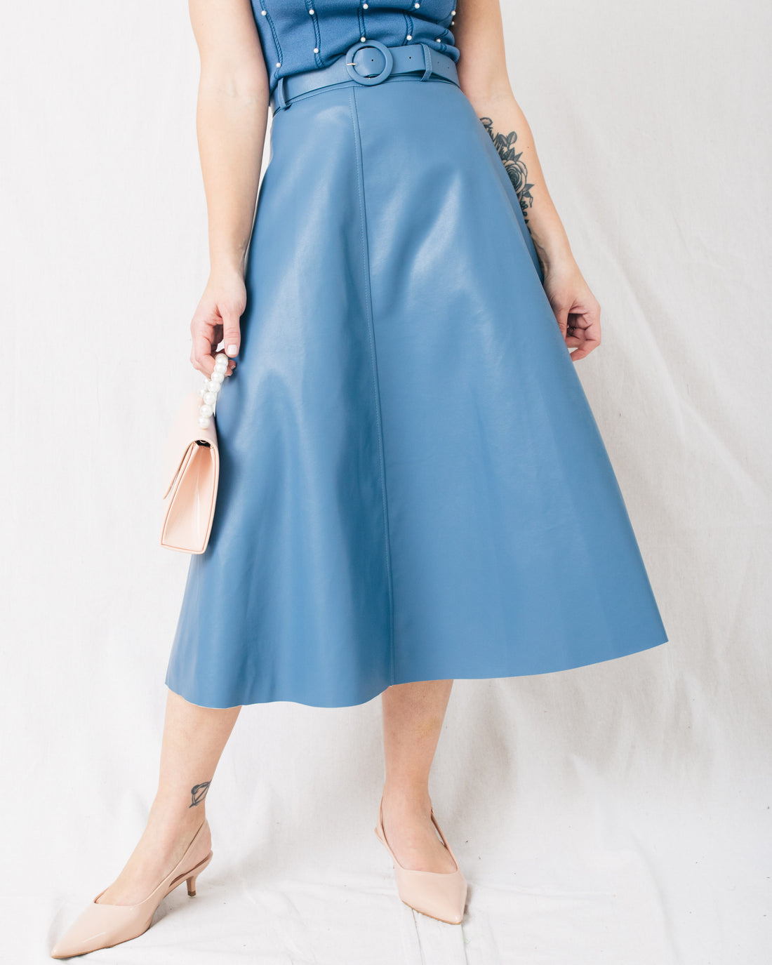 New Era A Line Belted Leather Midi Skirt