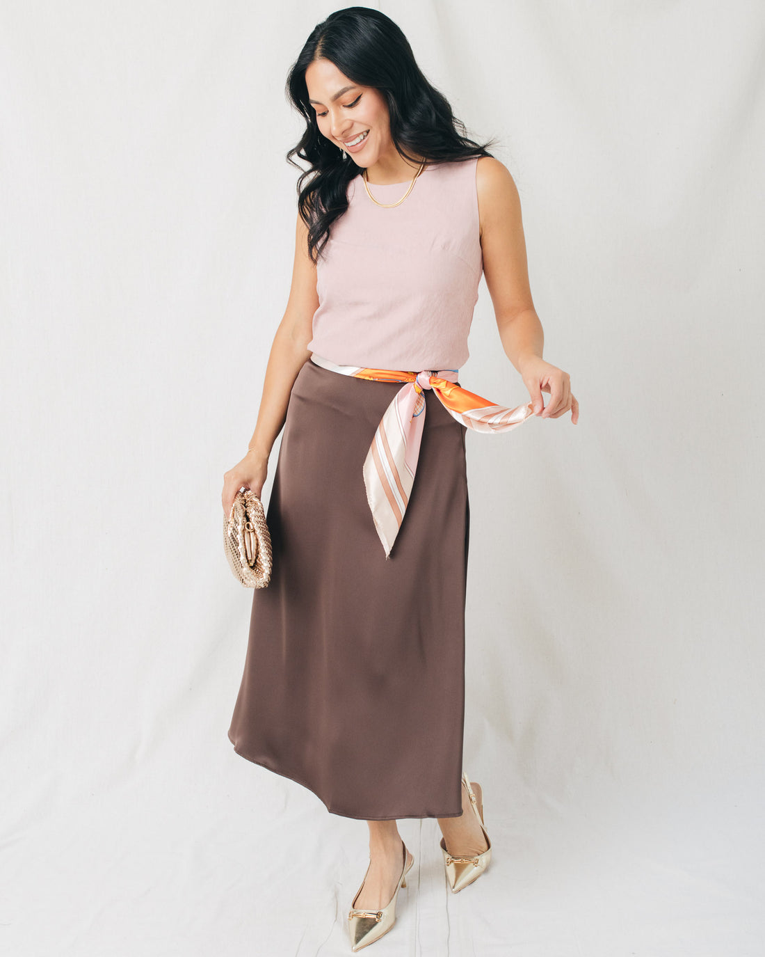 Alma Bias Cut Satin Midi Skirt