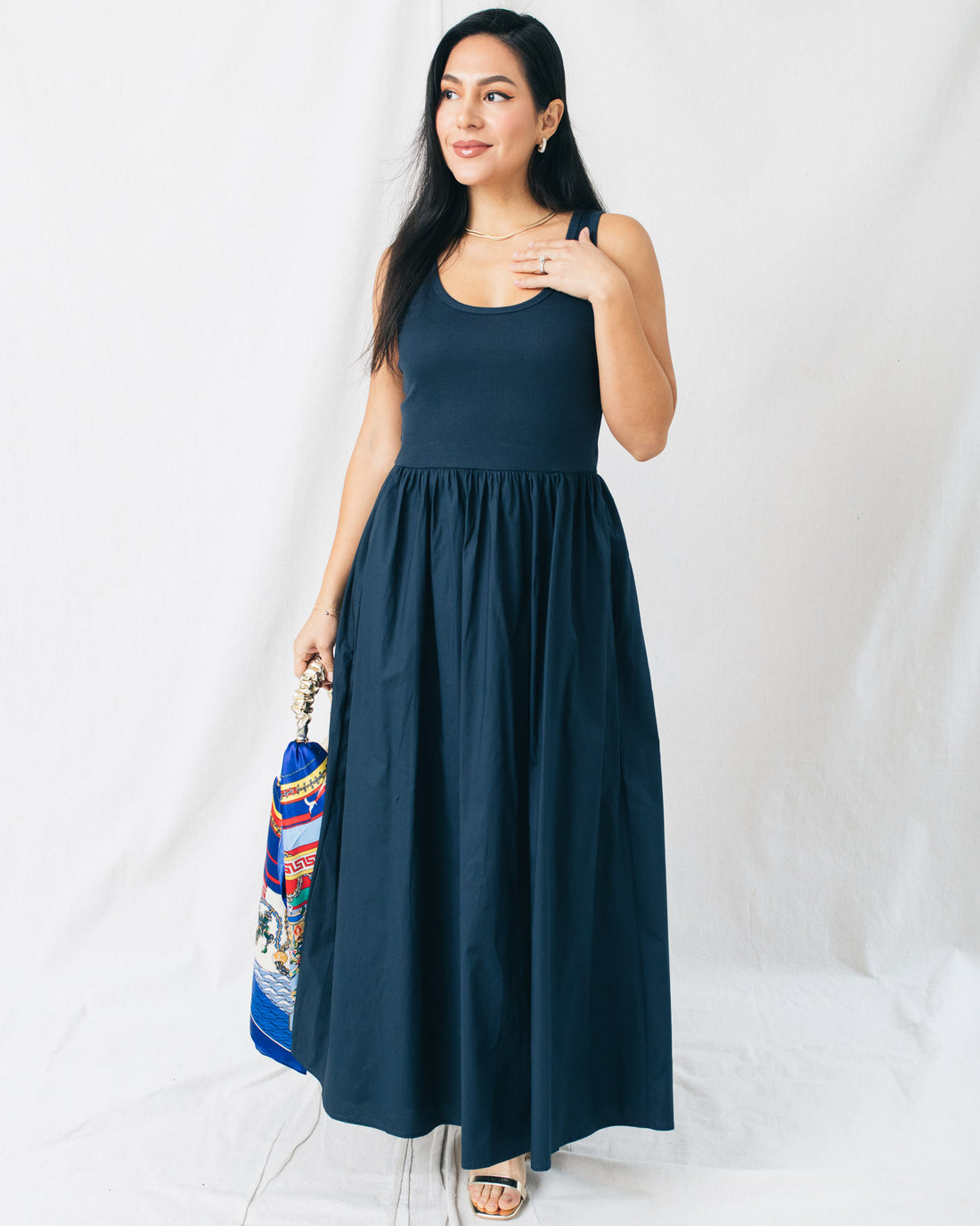 Analisse Scoop Neck Mix Media Flare Midi Dress