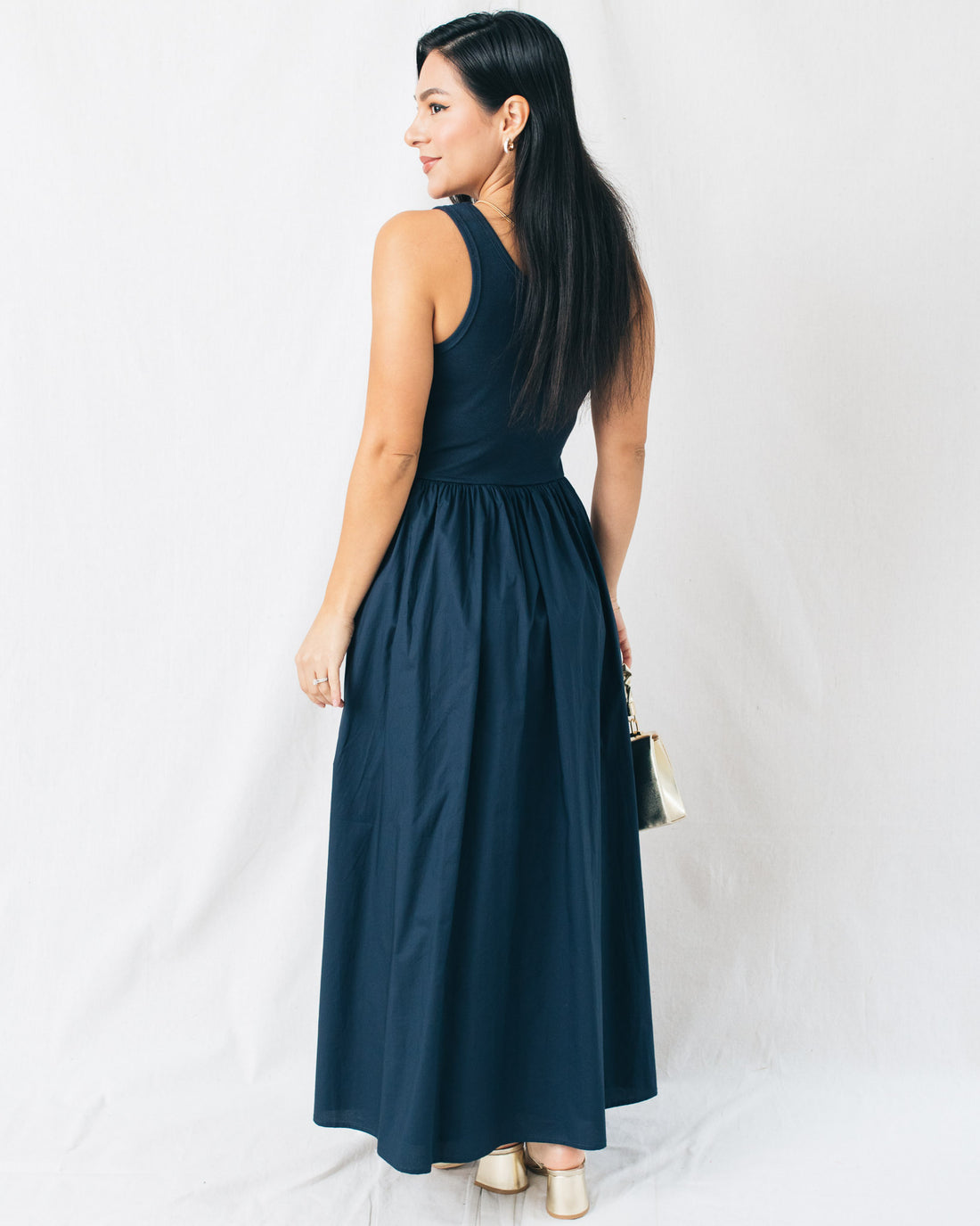 Analisse Scoop Neck Mix Media Flare Midi Dress