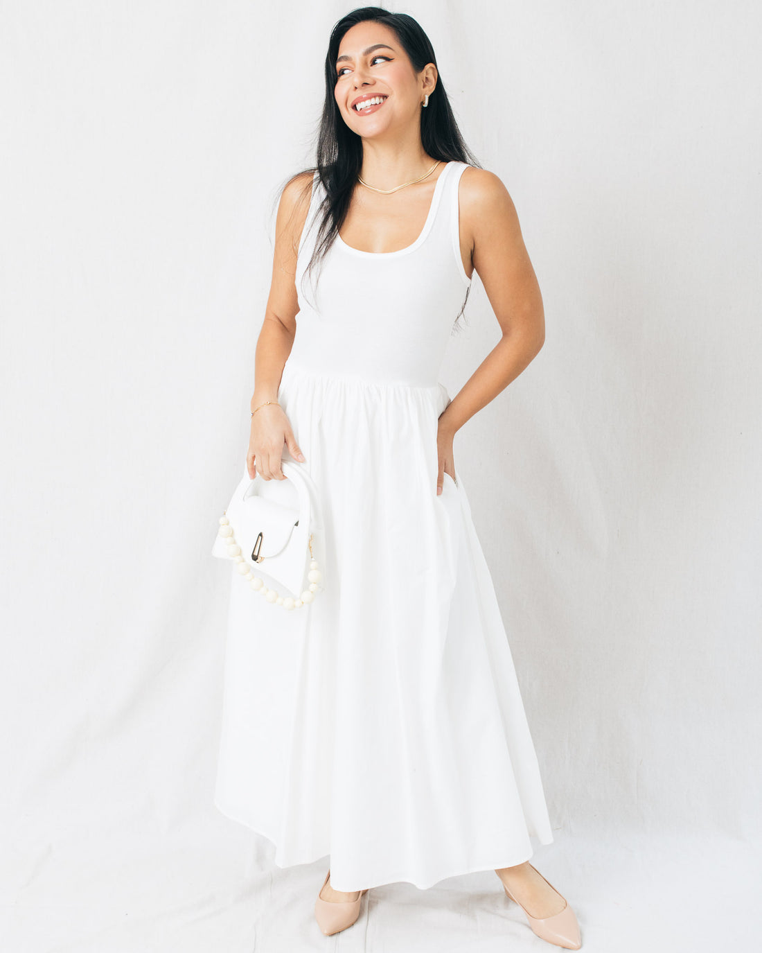 Analisse Scoop Neck Mix Media Flare Midi Dress