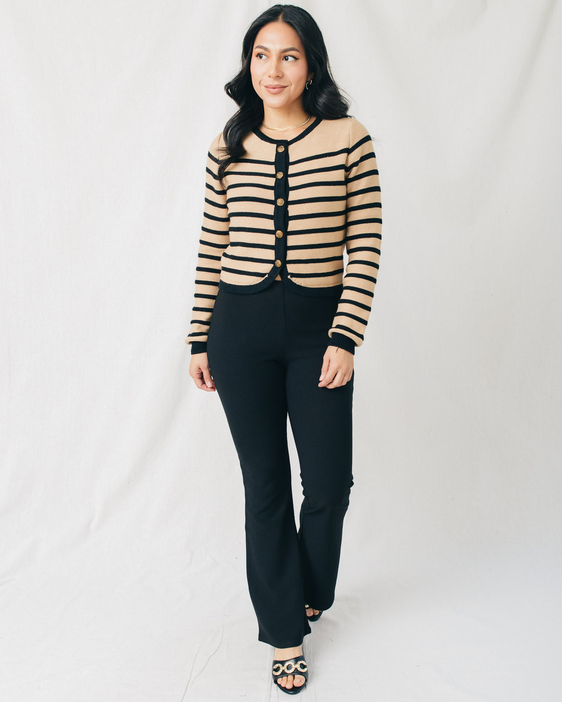 Allison Round Neck Button Down Striped Cardigan