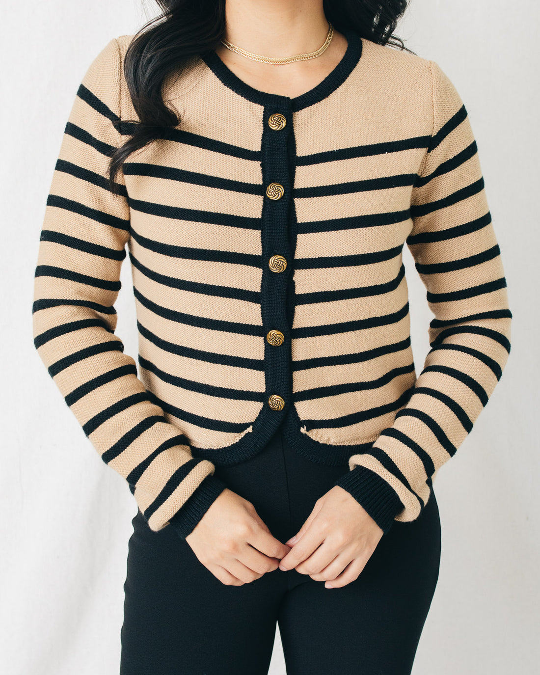 Allison Round Neck Button Down Striped Cardigan