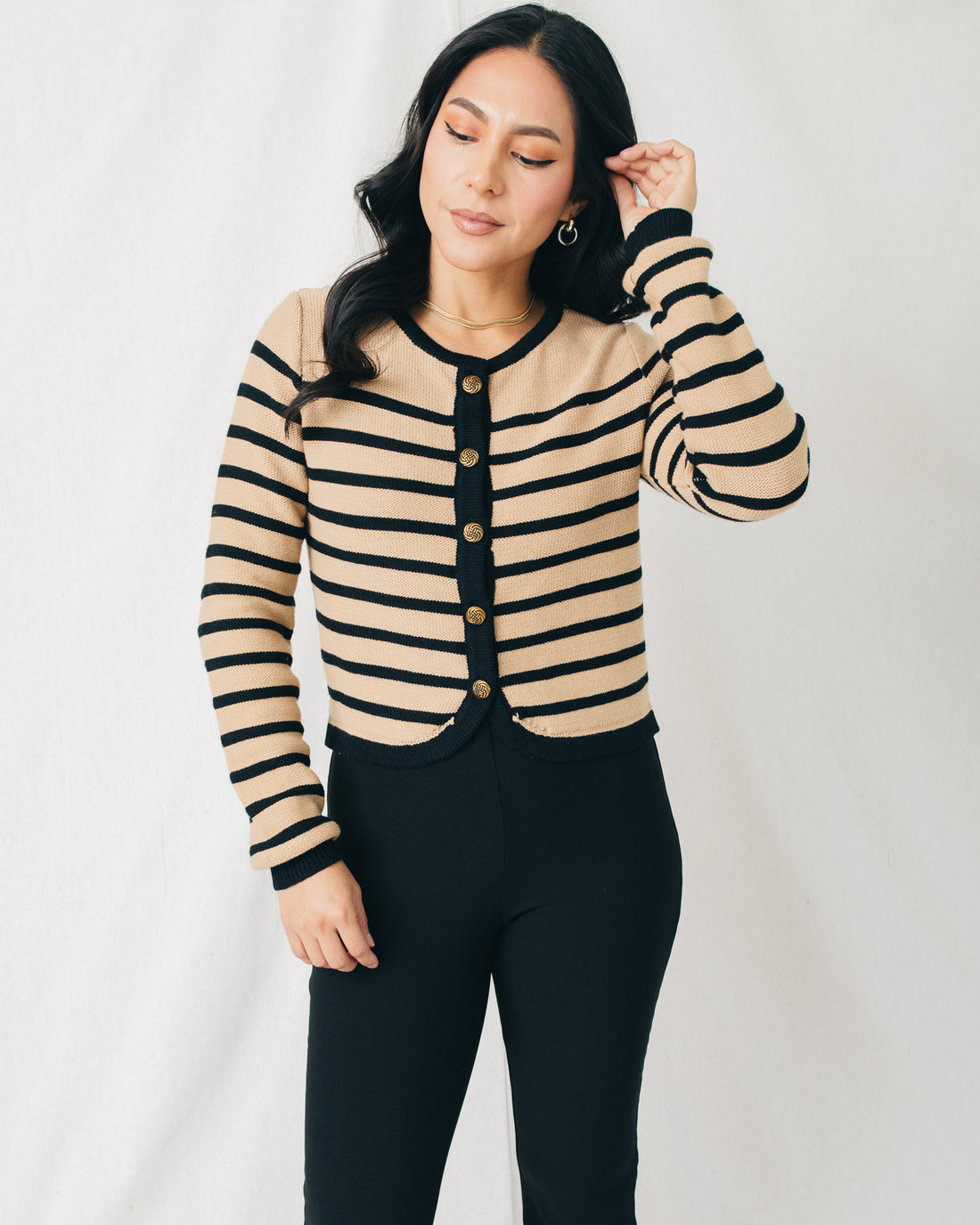 Allison Round Neck Button Down Striped Cardigan