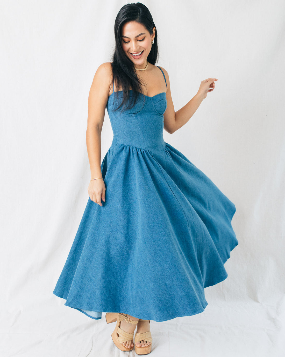 Rodeo Bustier Fit & Flare Denim Midi Dress