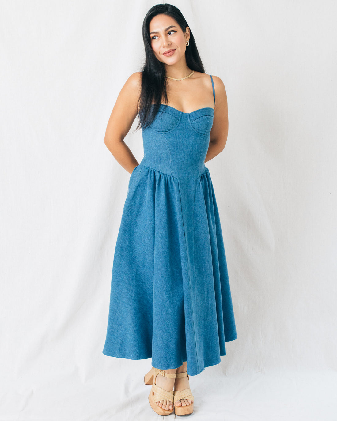 Rodeo Bustier Fit & Flare Denim Midi Dress