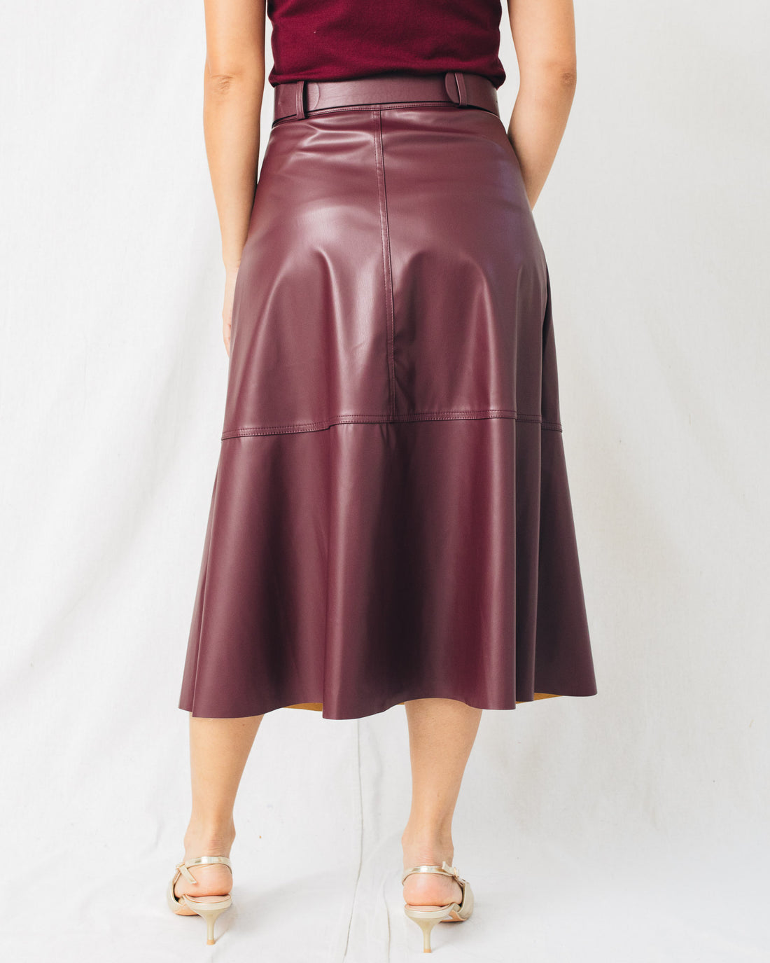 Tate A Line Midi Faux Leather Skirt w/Belt