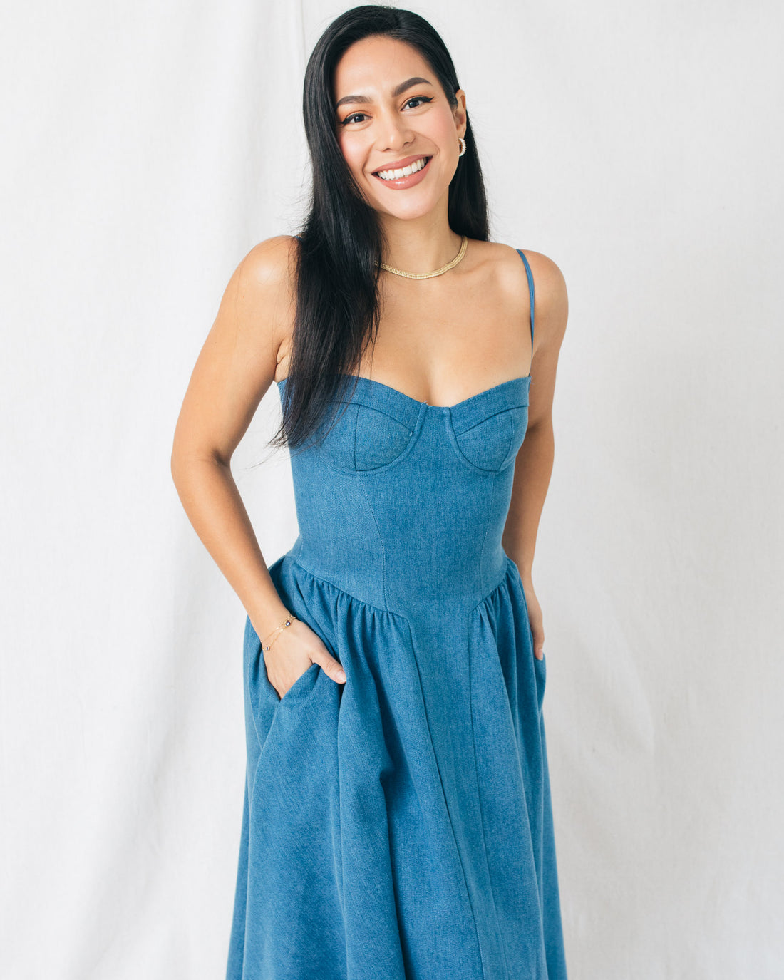 Rodeo Bustier Fit & Flare Denim Midi Dress