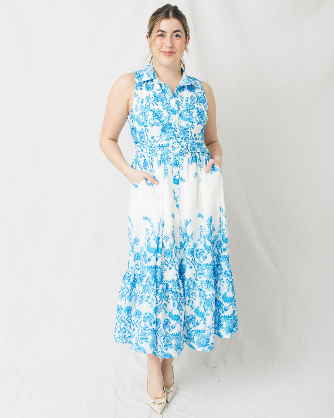 Ethel Sleeveless Floral Printed Belted Midi Dress