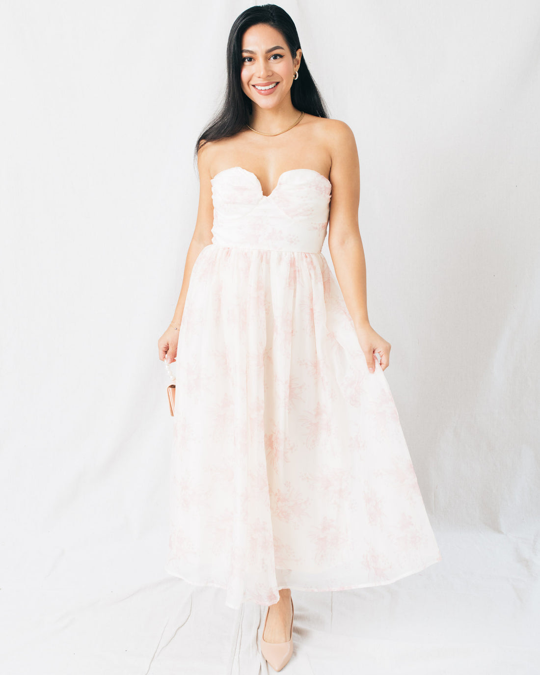 Annabel Floral Organza Plunged Midi Dress