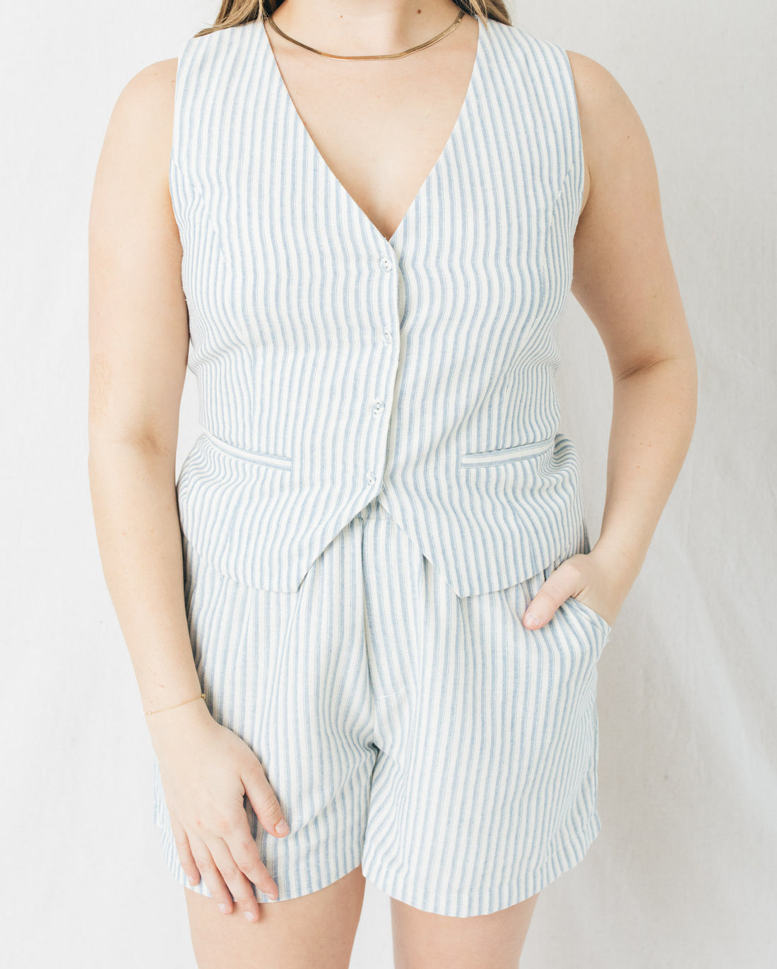 Spencer Striped V Neck Button Closure Vest Top