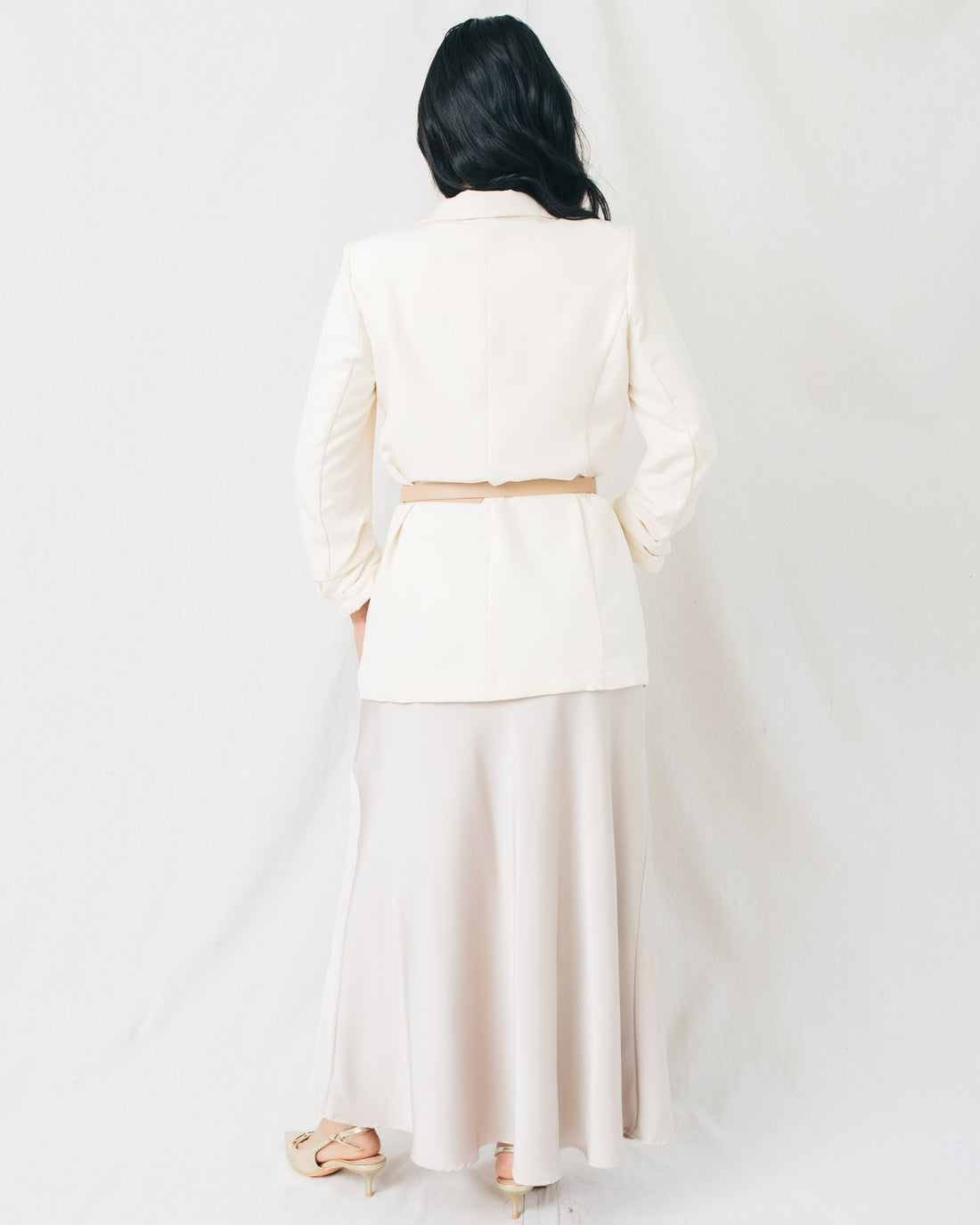 River Open Front 3/4 Ruched Sleeve Solid Blazer