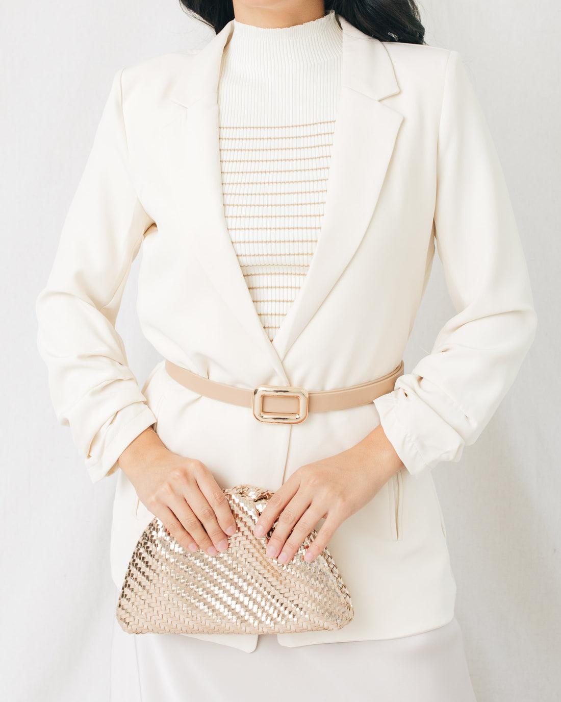 River Open Front 3/4 Ruched Sleeve Solid Blazer