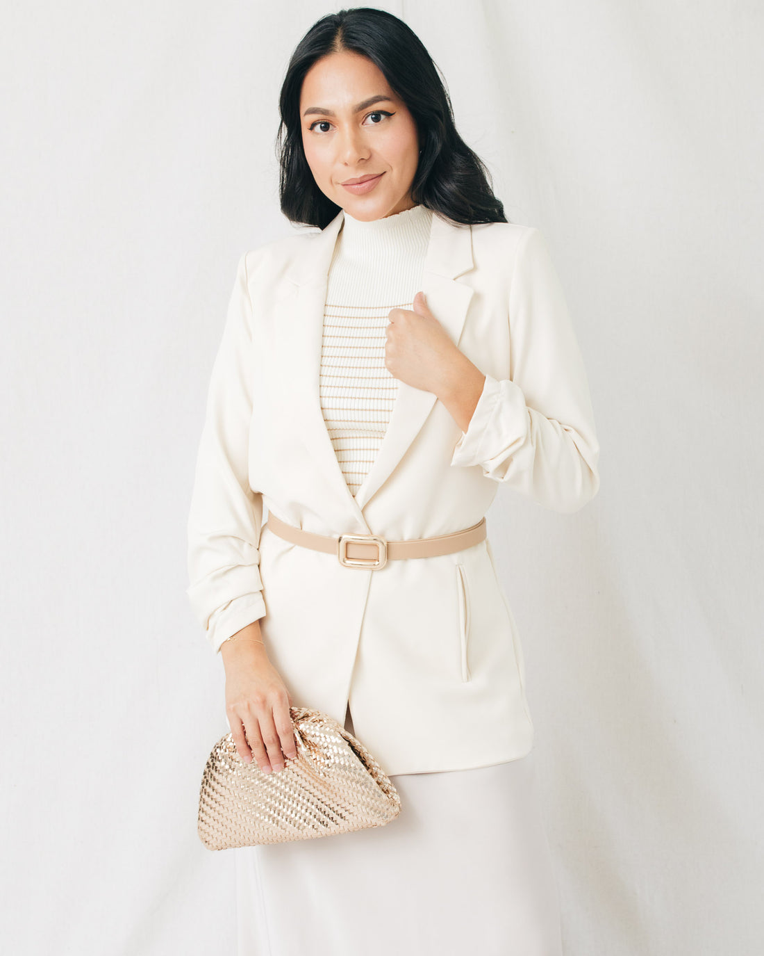 River Open Front 3/4 Ruched Sleeve Solid Blazer