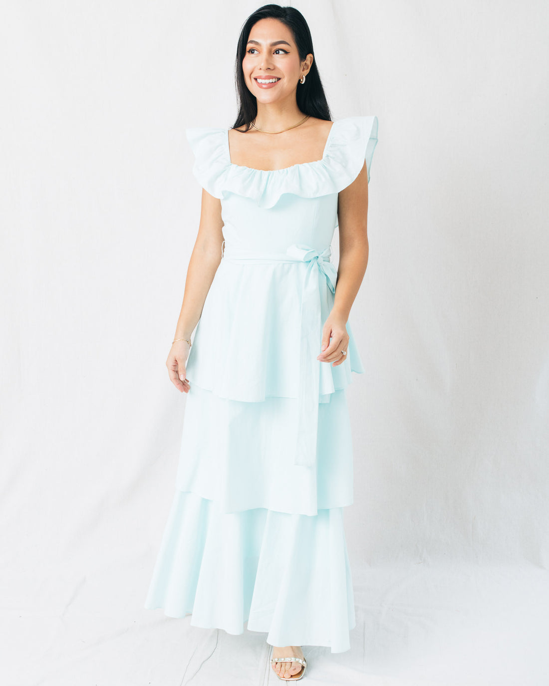 Sky Square Neck Tiered Maxi Dress with Belt