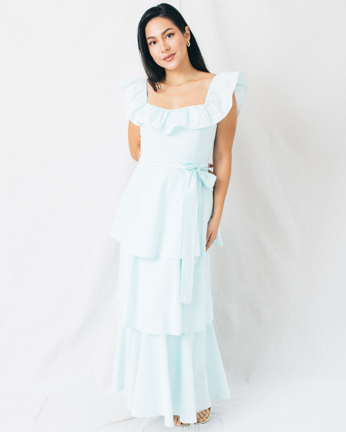 Sky Square Neck Tiered Maxi Dress with Belt