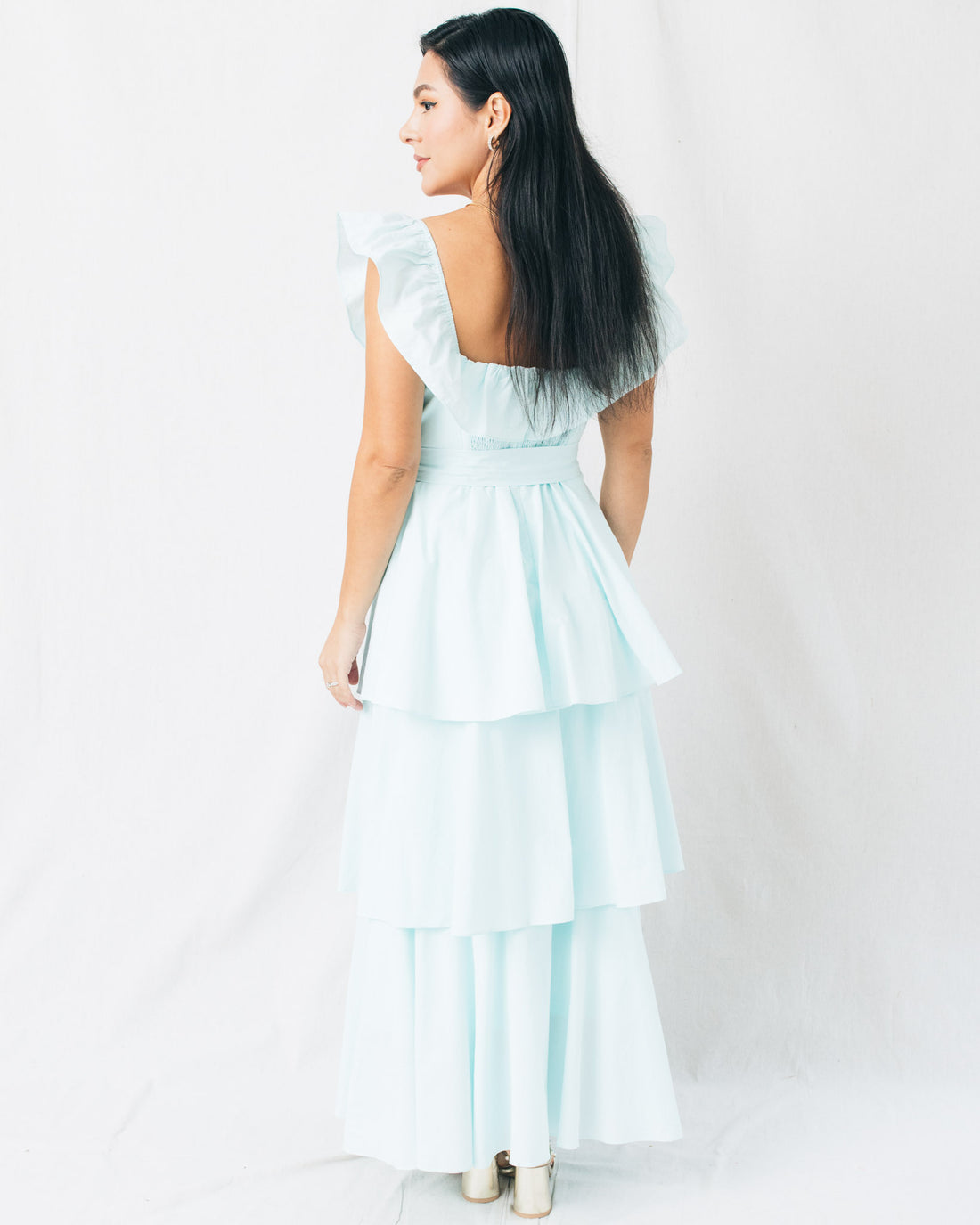 Sky Square Neck Tiered Maxi Dress with Belt