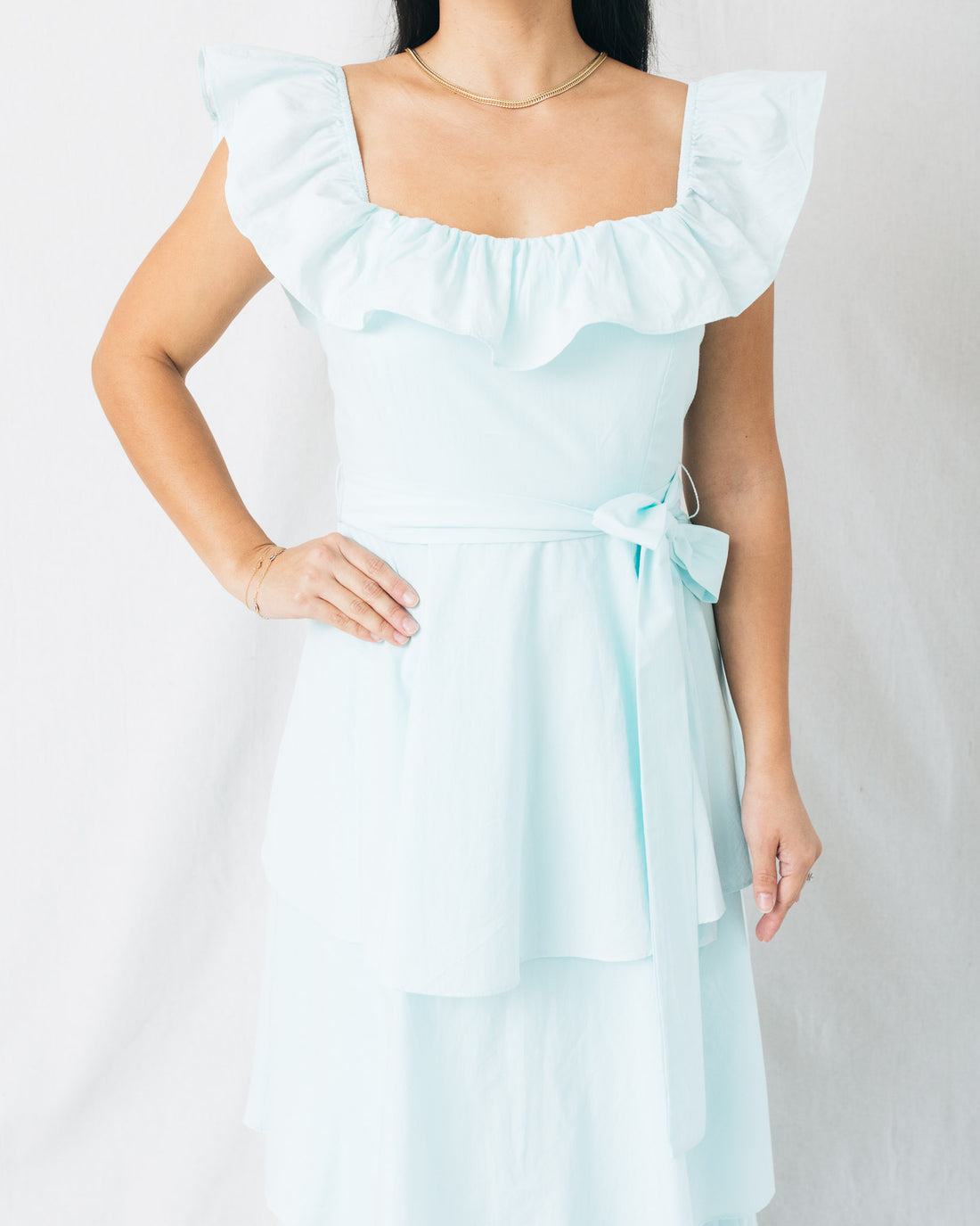 Sky Square Neck Tiered Maxi Dress with Belt