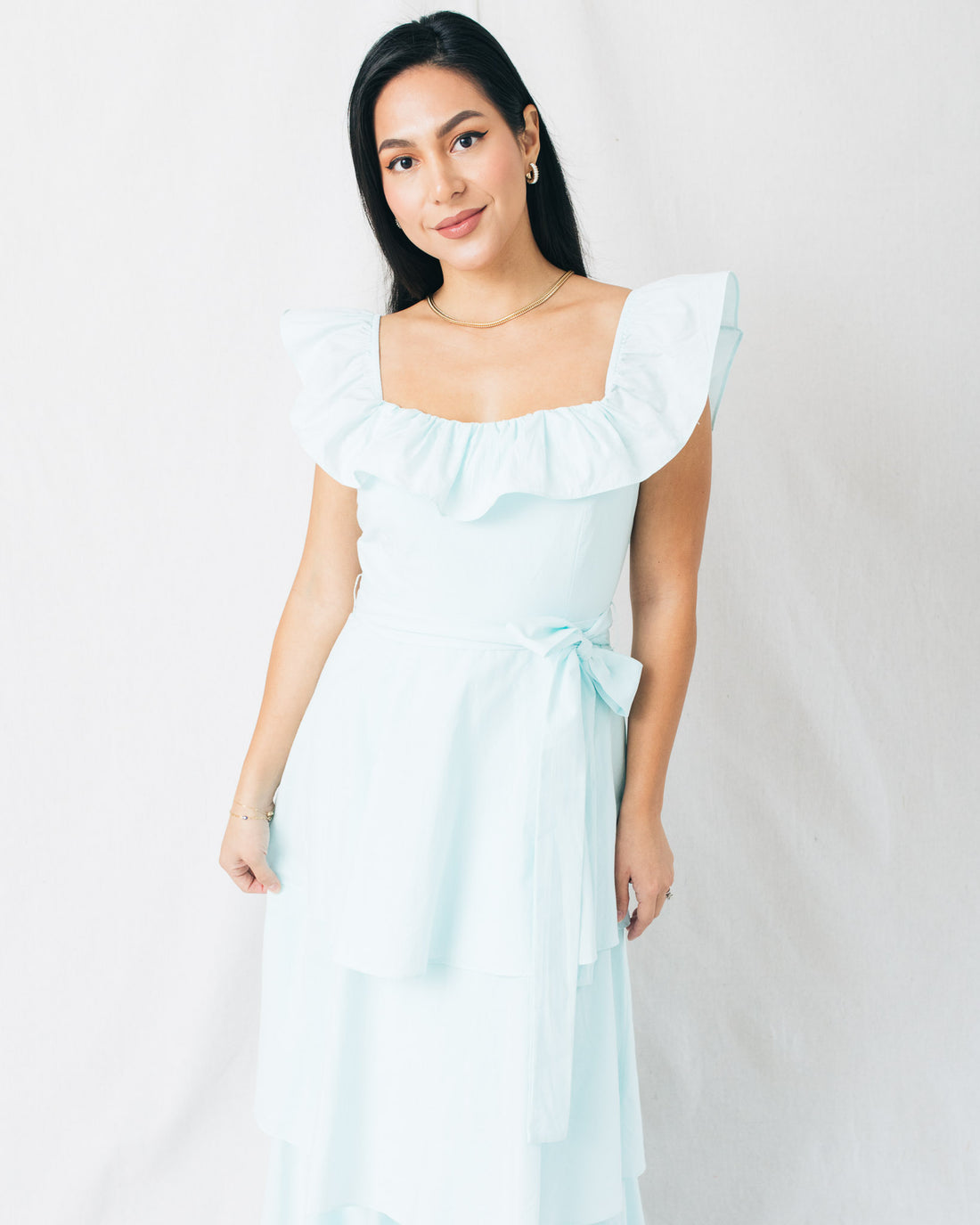 Sky Square Neck Tiered Maxi Dress with Belt