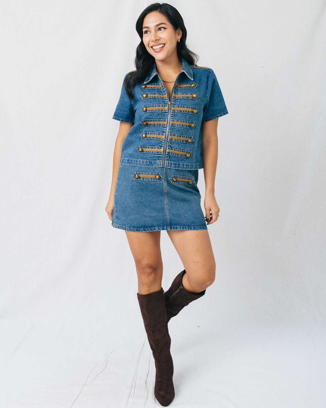 Liberty Gold Tone Button Trim Mini Skirt