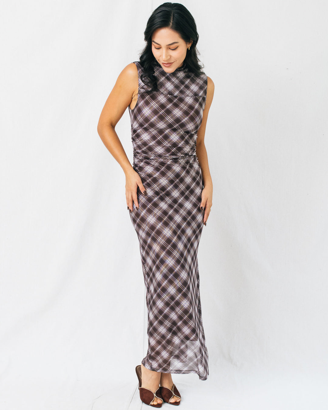 Beatrix Plaid Printed Mesh Ruched Midi Dress