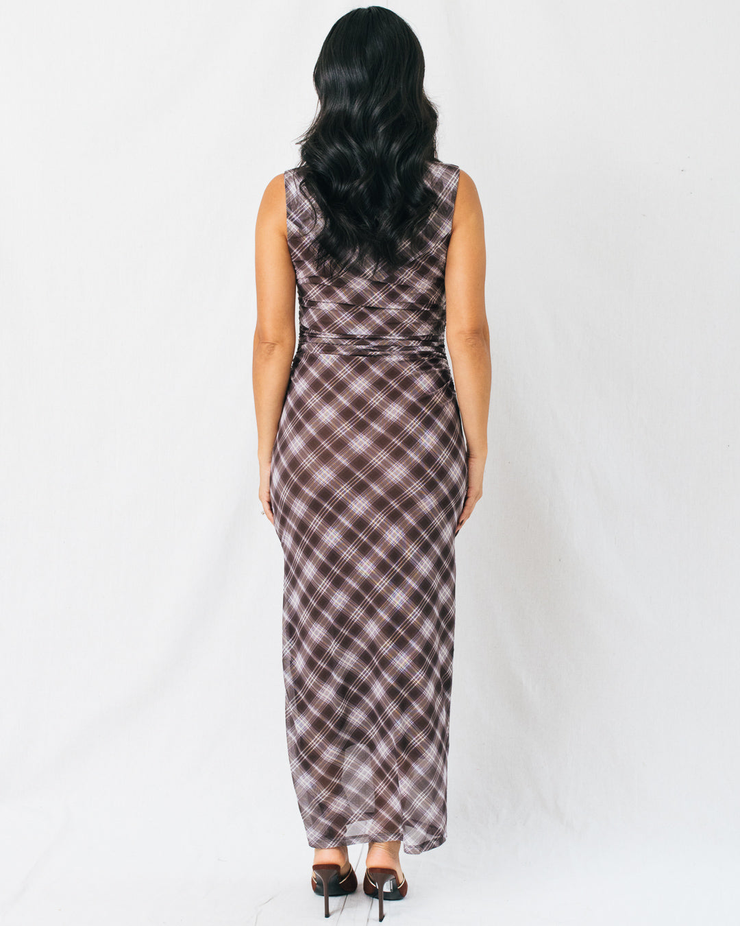 Beatrix Plaid Printed Mesh Ruched Midi Dress