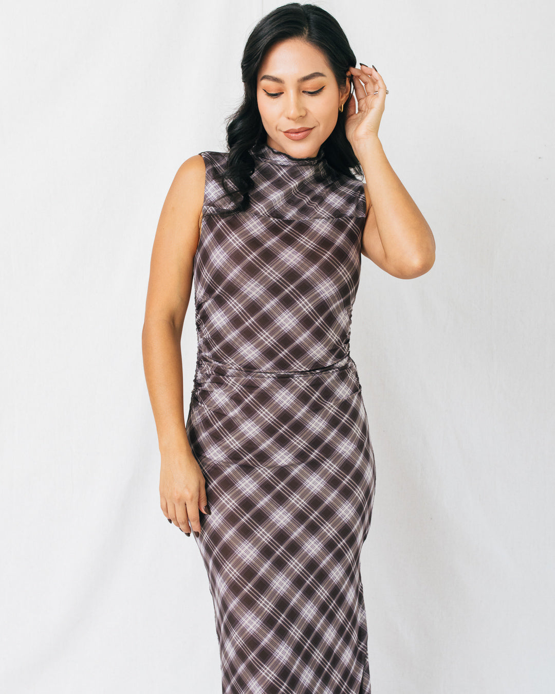 Beatrix Plaid Printed Mesh Ruched Midi Dress
