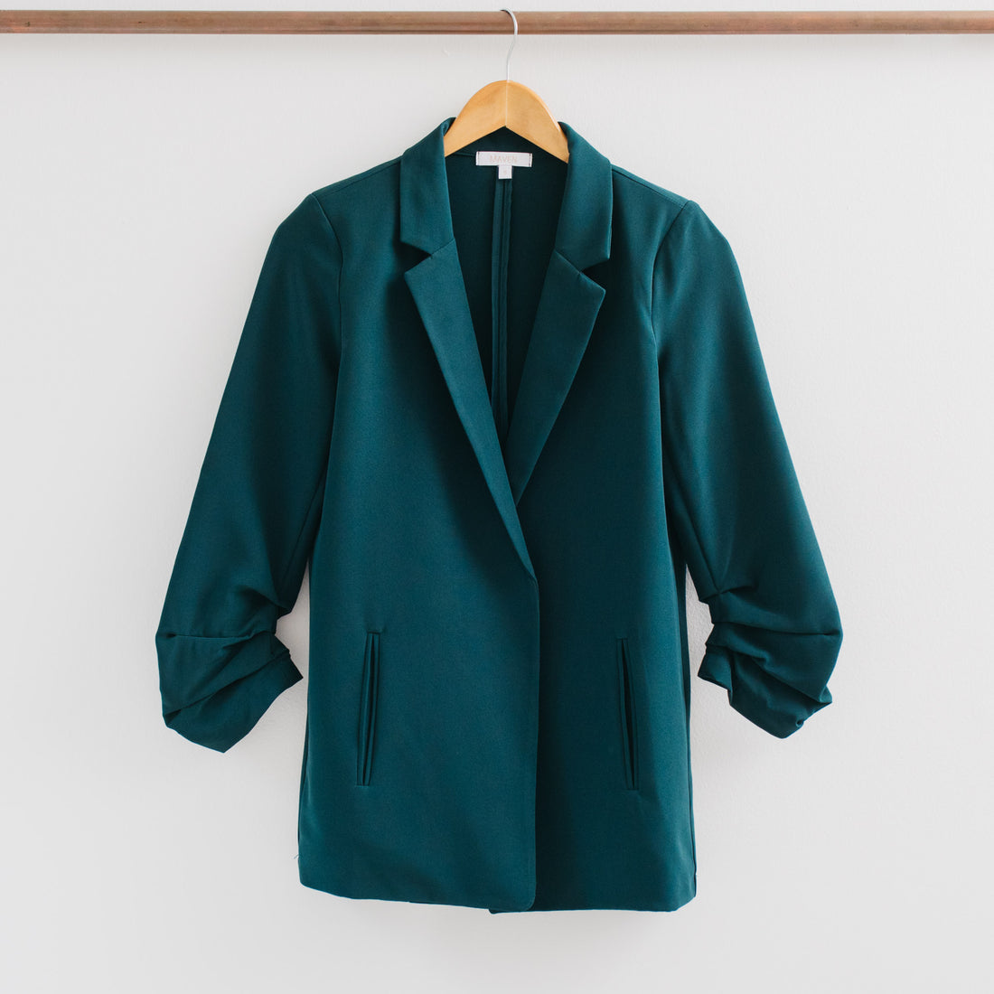 River Open Front 3/4 Ruched Sleeve Solid Blazer