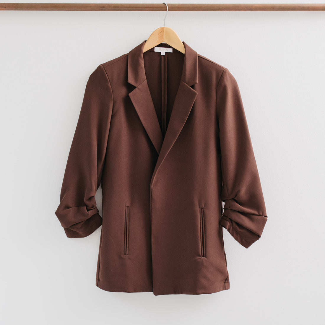 River Open Front 3/4 Ruched Sleeve Solid Blazer