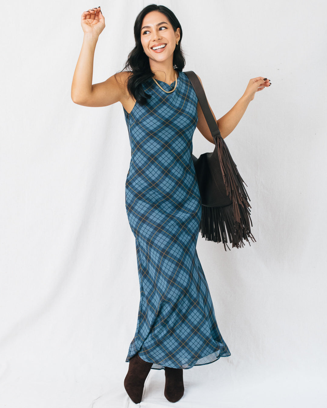Carole Plaid Pattern Mesh Maxi Dress