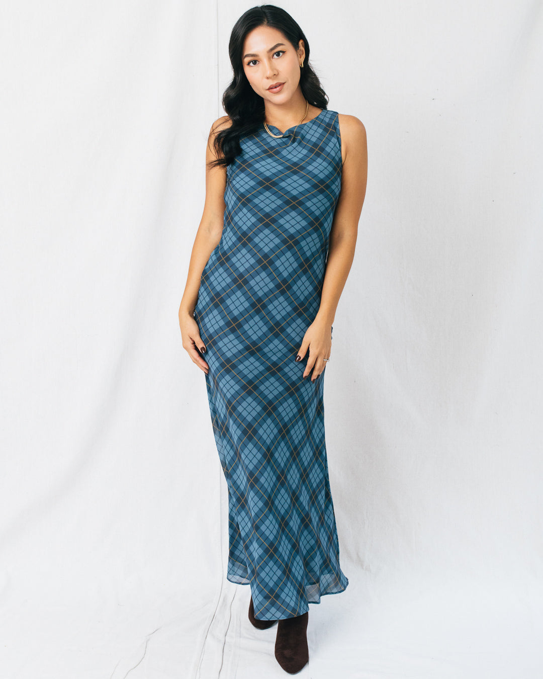 Carole Plaid Pattern Mesh Maxi Dress